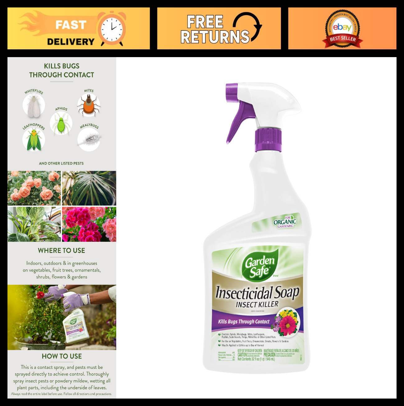 Insecticidal Soap Insect Killer – 32 oz, Organic Gardening Pest Control, Kills B