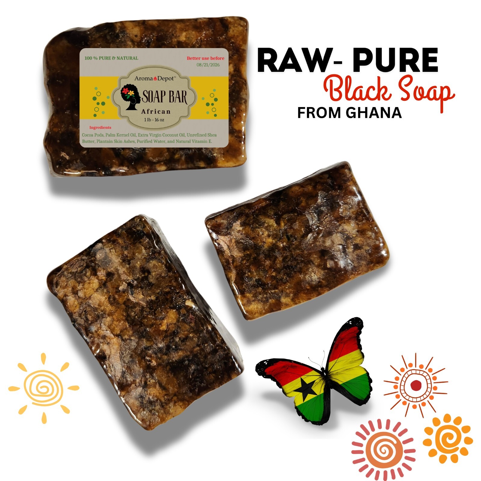 Raw African Black Soap Bar 2 oz. 100% Raw Organic Natural Unrefined Wholesale