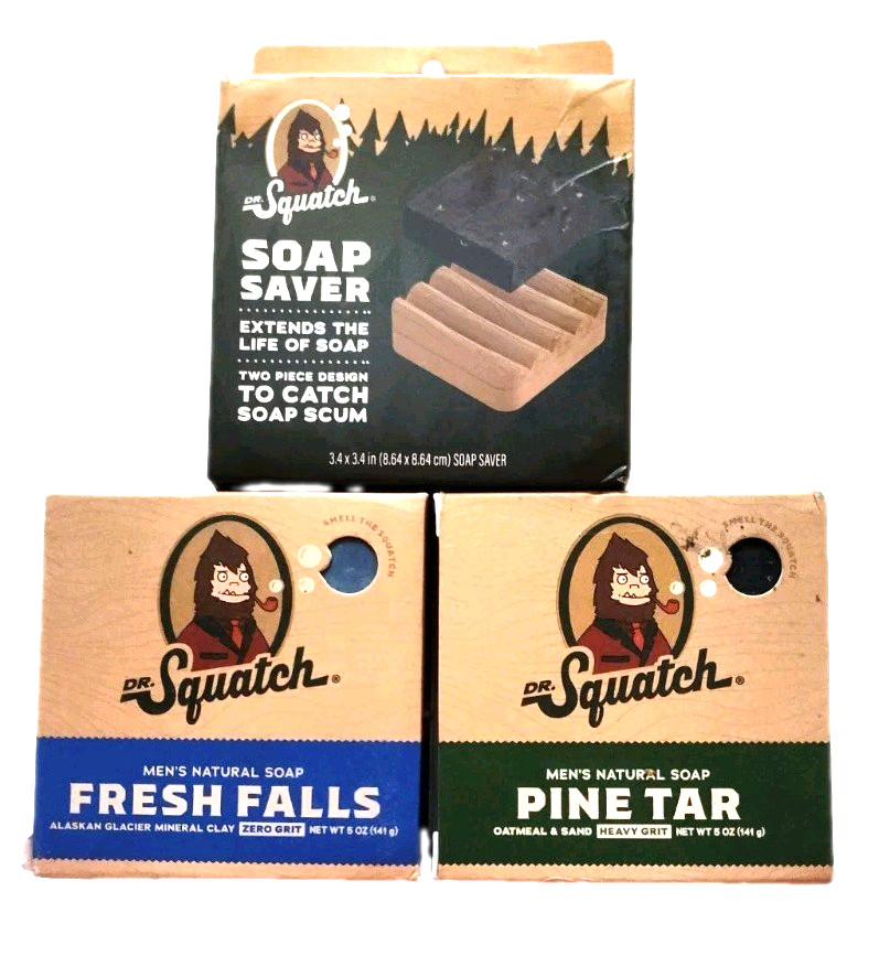3 Pc Dr. Squatch Personal Care Items 2 Soaps Pine Tar Fresh Fall 1 Soap Dish