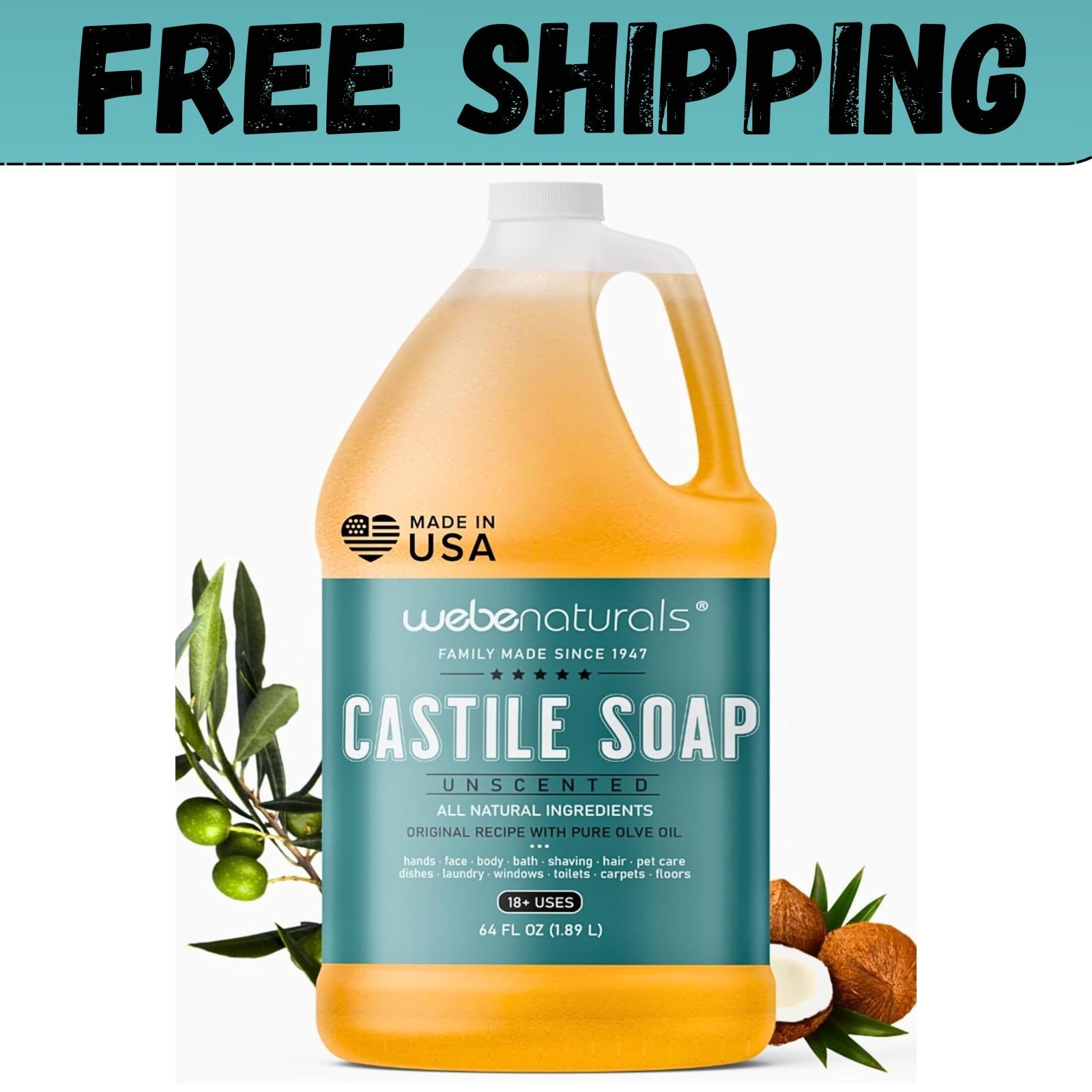 Pure Castile Soap Liquid Organic, Certified Palm 64 Fl Oz (Pack of 1) Unscented