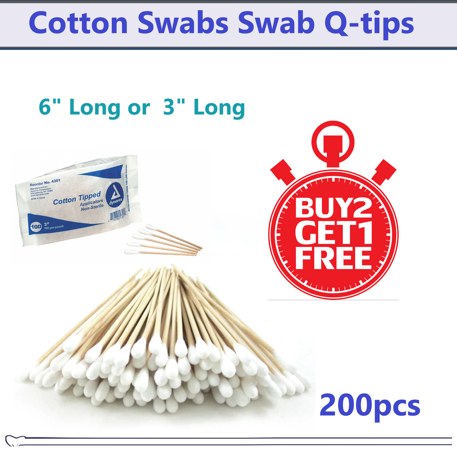 BUY 2 GET 1 FREE! 200 Cotton Swab Applicator Q-tip Swabs 6″ or 3″ Wood Handle