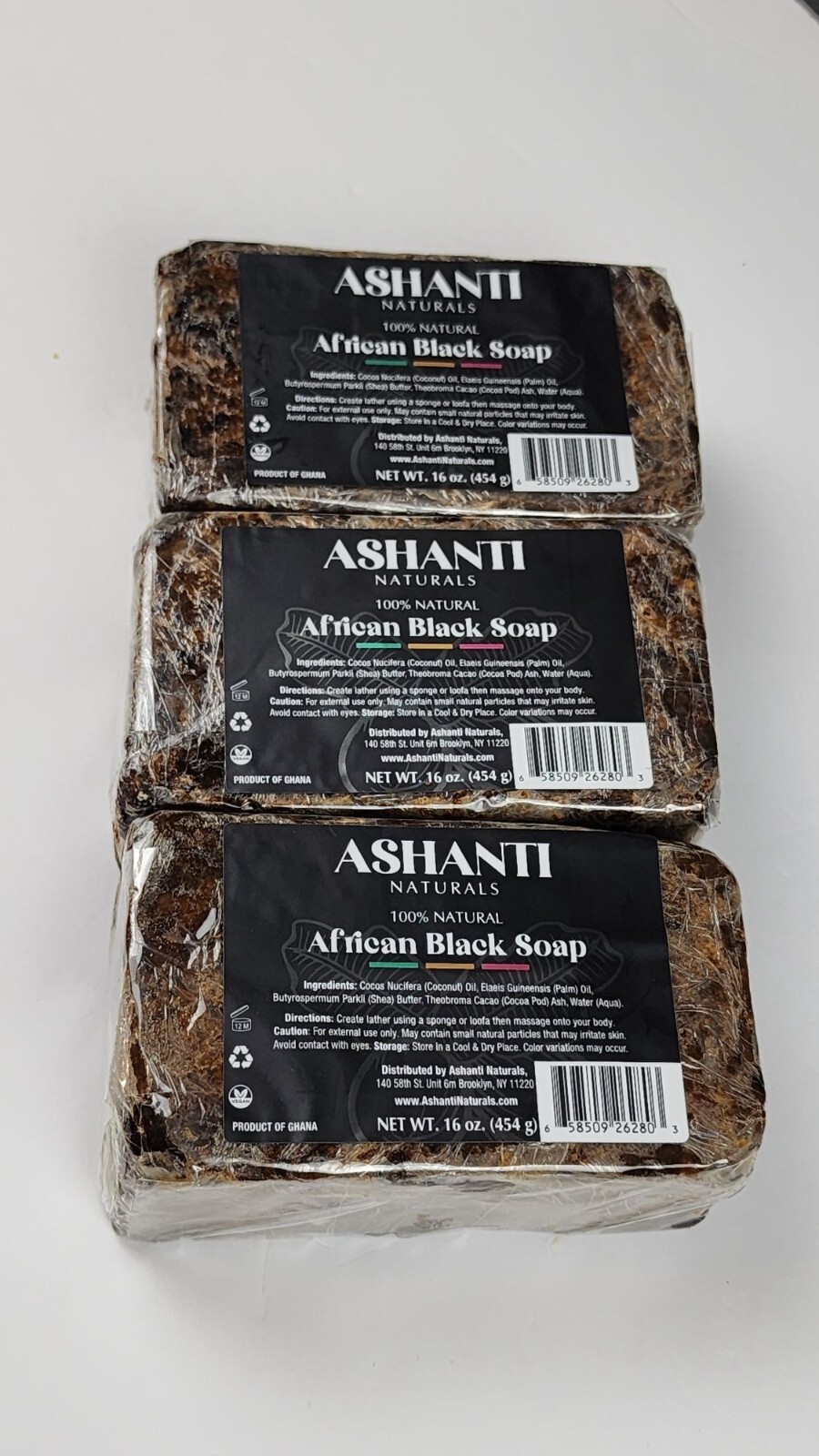 Ashanti African Fragrance Free Black Soap, 3 bars, 46oz /1362g