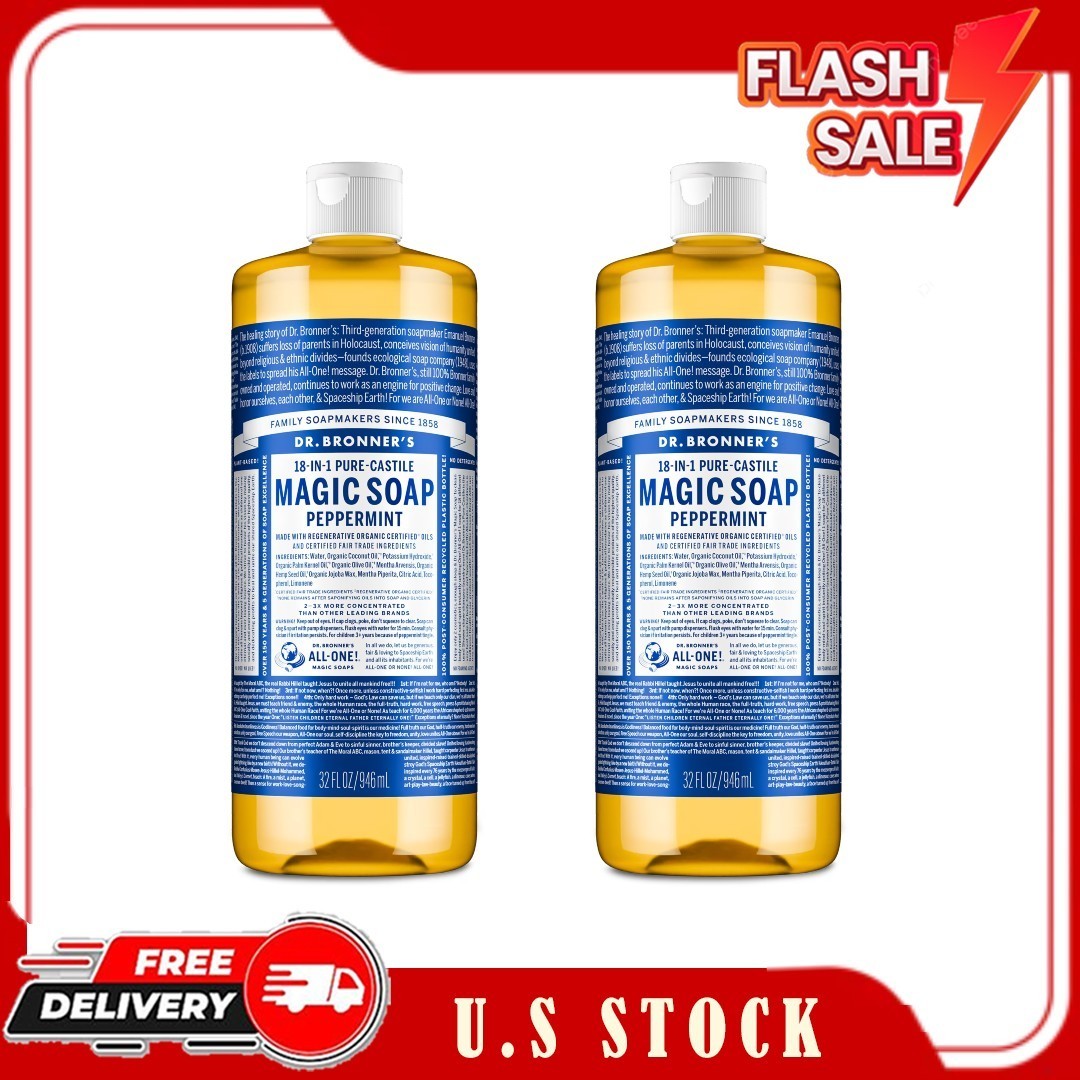 2 Pack Dr. Bronner’s Peppermint Pure-Castile Liquid Soap 32 oz Face & Body