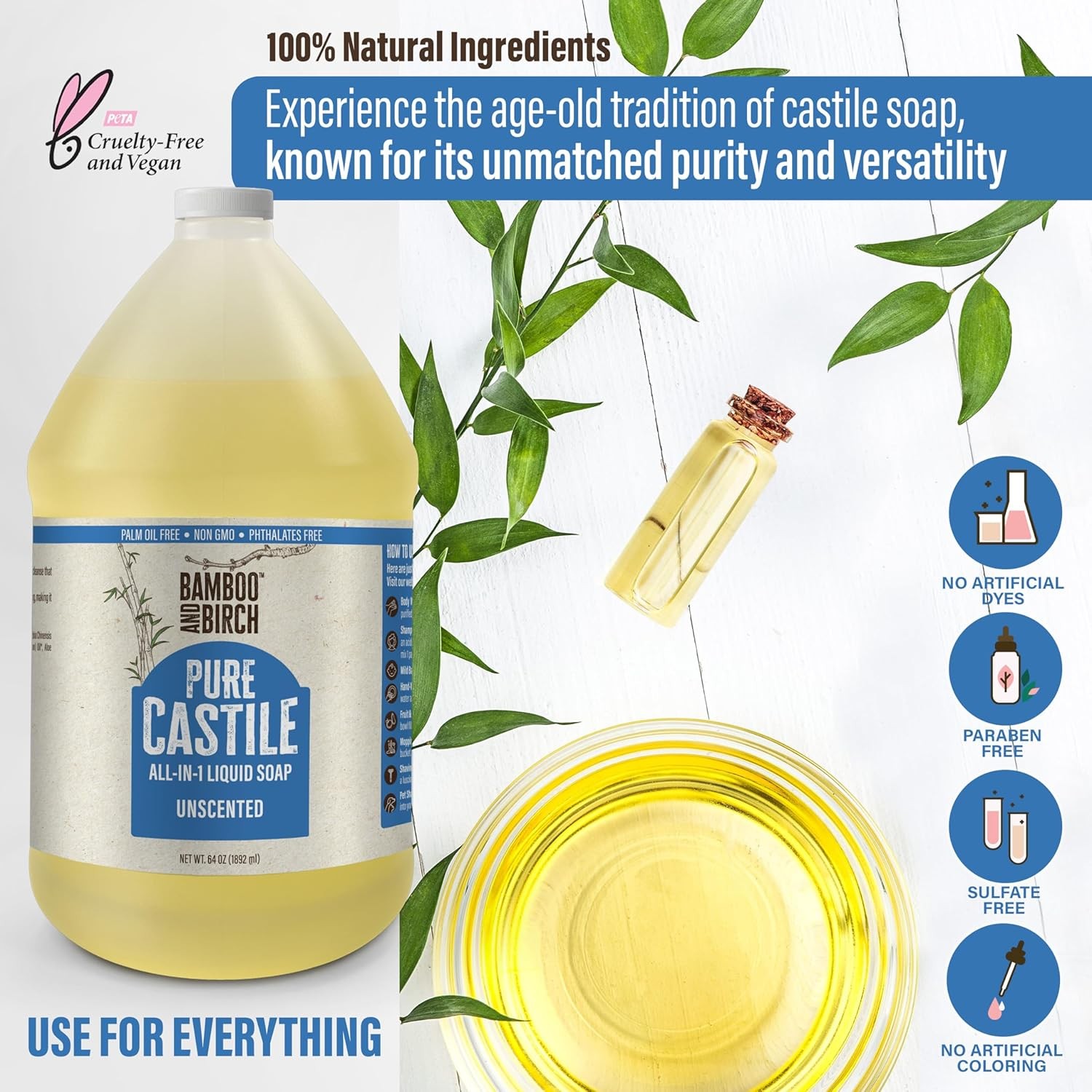 Pure Castile Soap Liquid, Certified Palm Oil Free Natural Soap, Unscented, 64 Oz