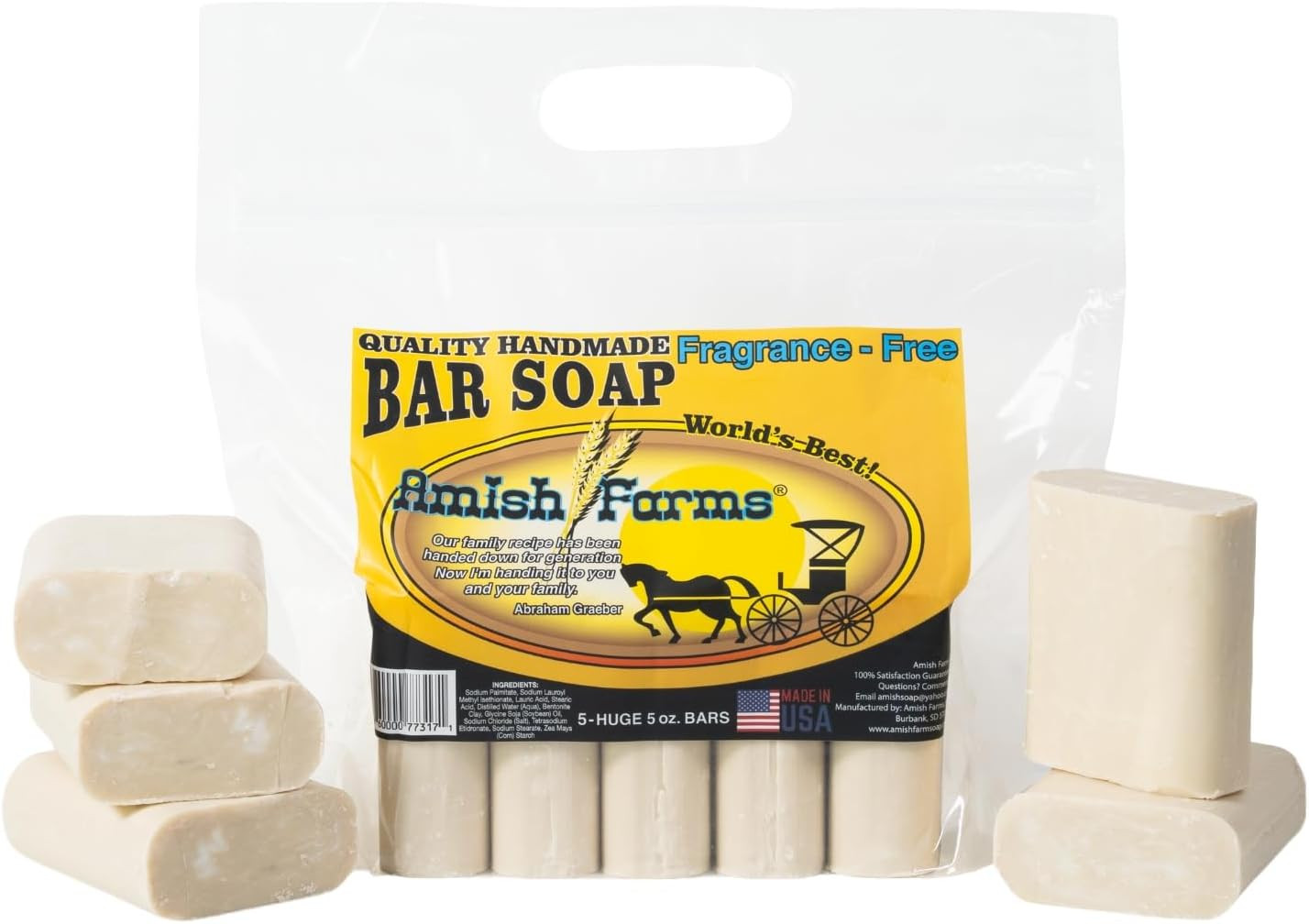 Amish Farms Fragrance Free Moisturizing Bentonite Clay Bar Soap – 5 Bars