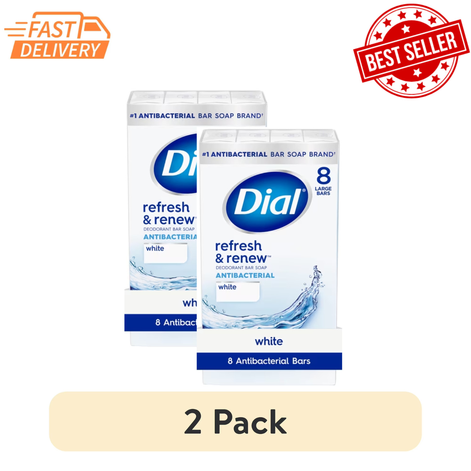 2 Pack Dial Antibacterial Bar Soap Refresh & Renew White Deodorant Bar 4oz 8ct