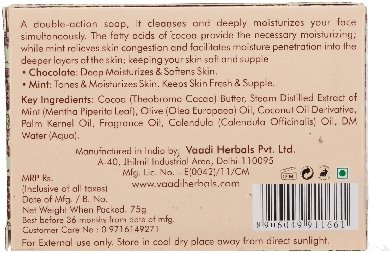 Vaadi Herbals Super Value Tempting Chocolate and Mint Soap 75g,
