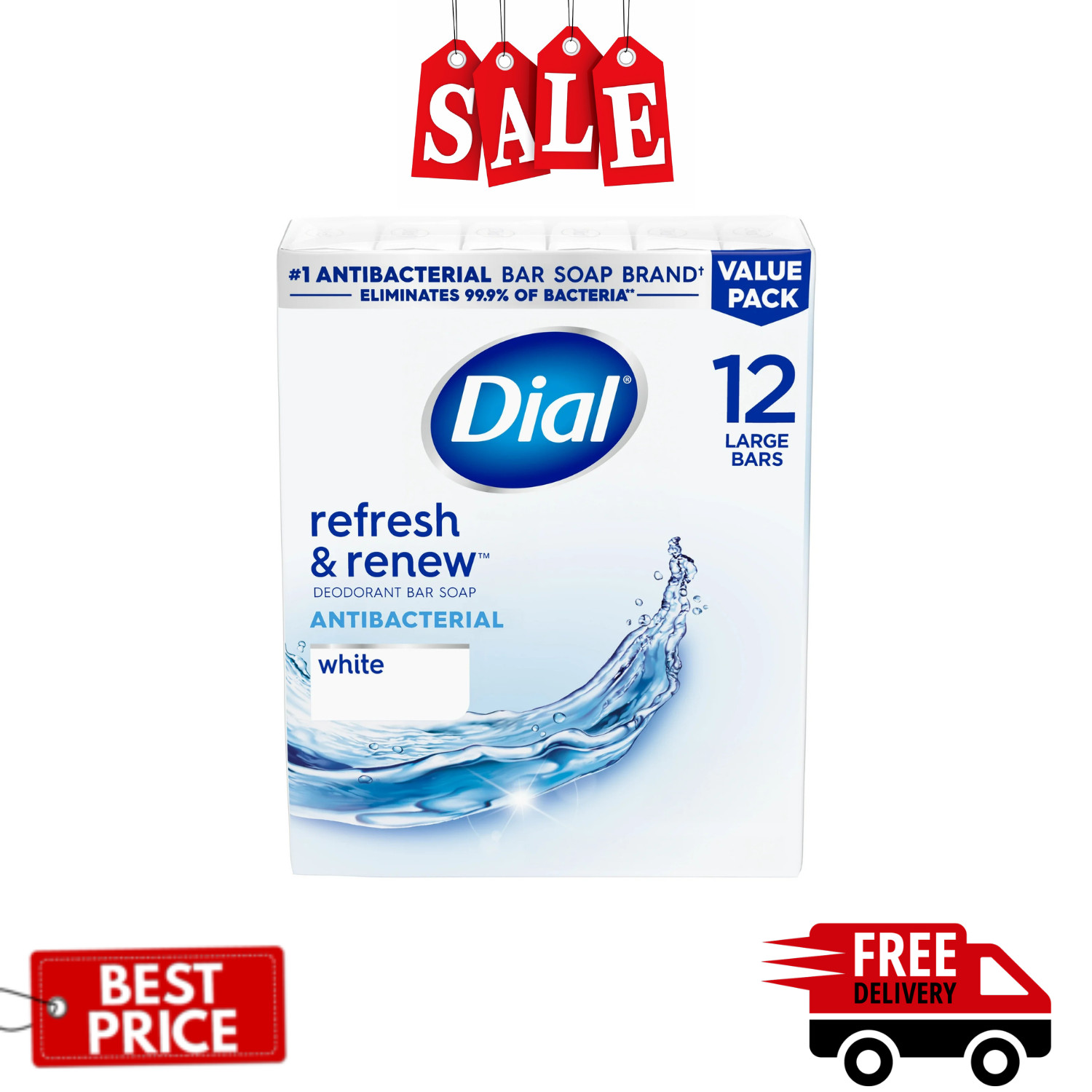 Dial Antibacterial Bar Soap, Refresh & Renew, White, 4 oz, 12 Bars