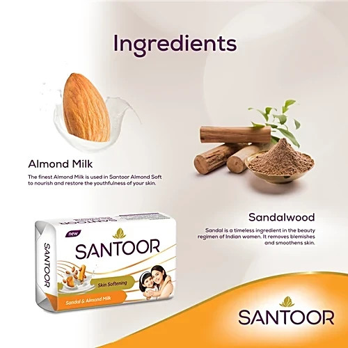 Santoor Sandal & Almond Milk Bathing Soap, 150 g (Pack of 6)