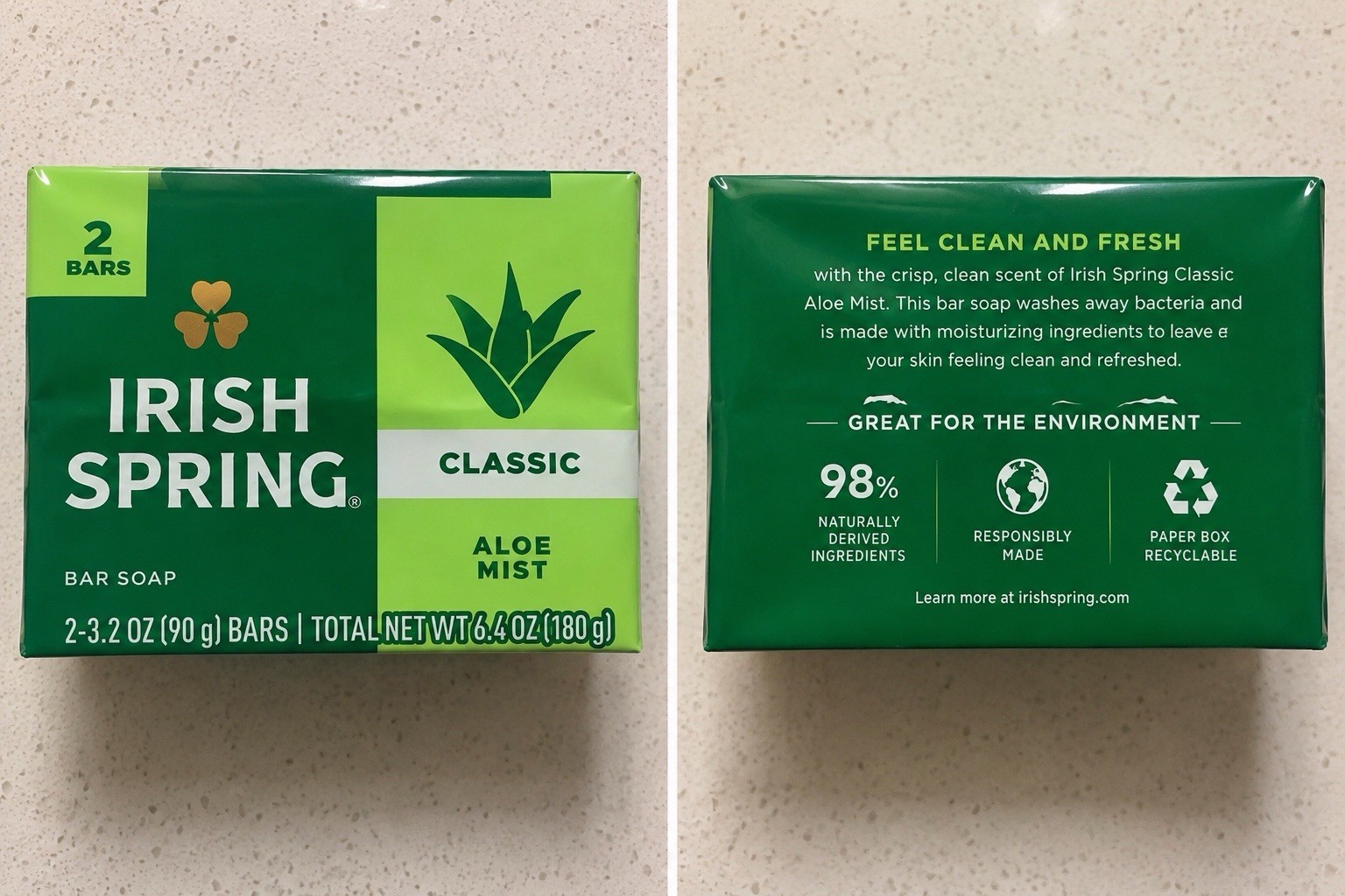Irish Spring Classic Aloe Mist Bar Soap 2 Pack 3.2 oz Each Total 6.4 oz New