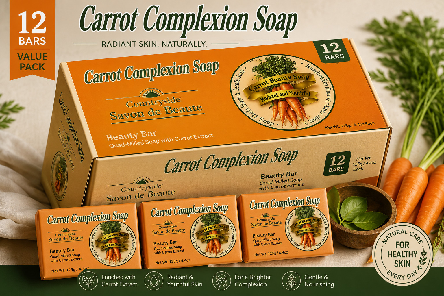 1 DOZEN Carrot Complexion Soap with Carrot Oil 12 BARS 125g Each FREE SHIPPING