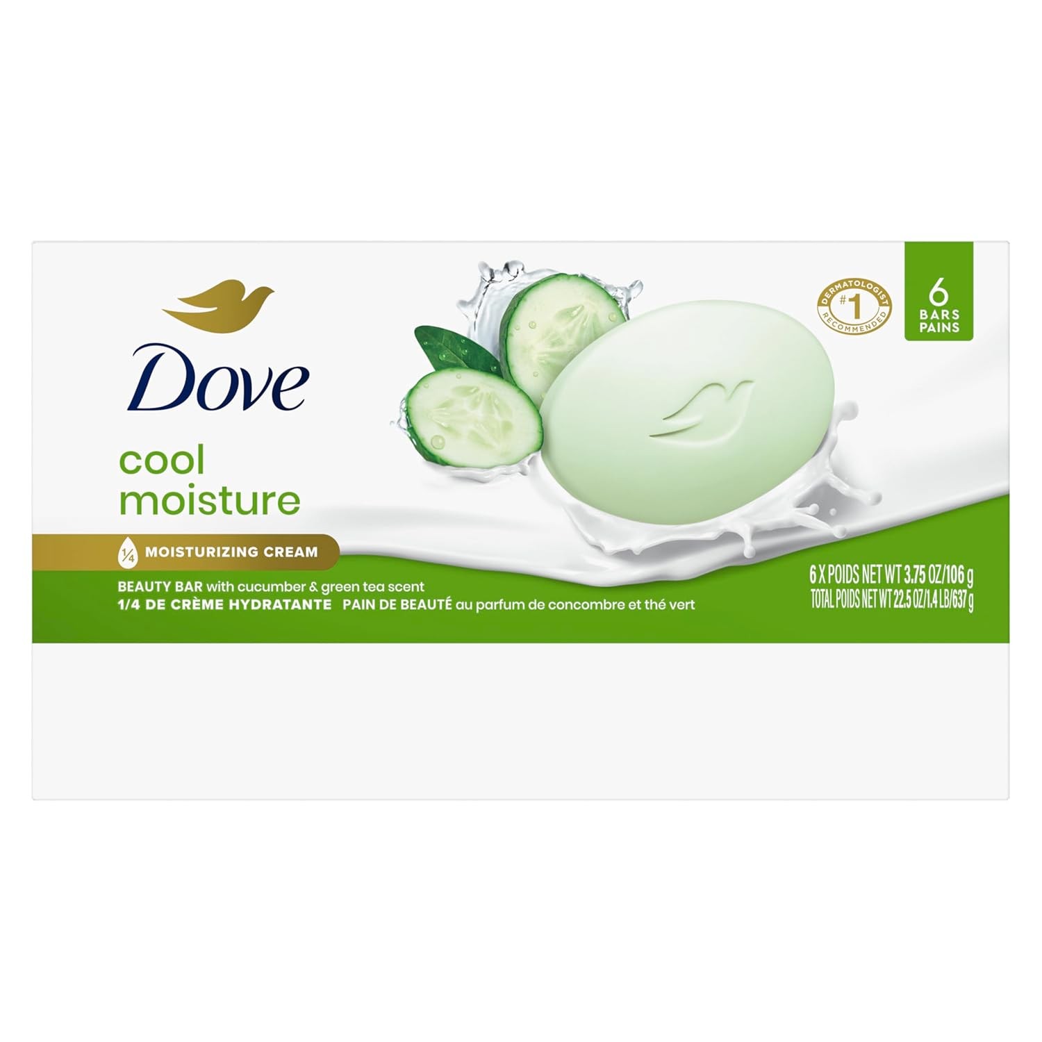 Dove Beauty Bar Soap Cool Moisture Cucumber & Green Tea Scent, 6 Bars for Refres