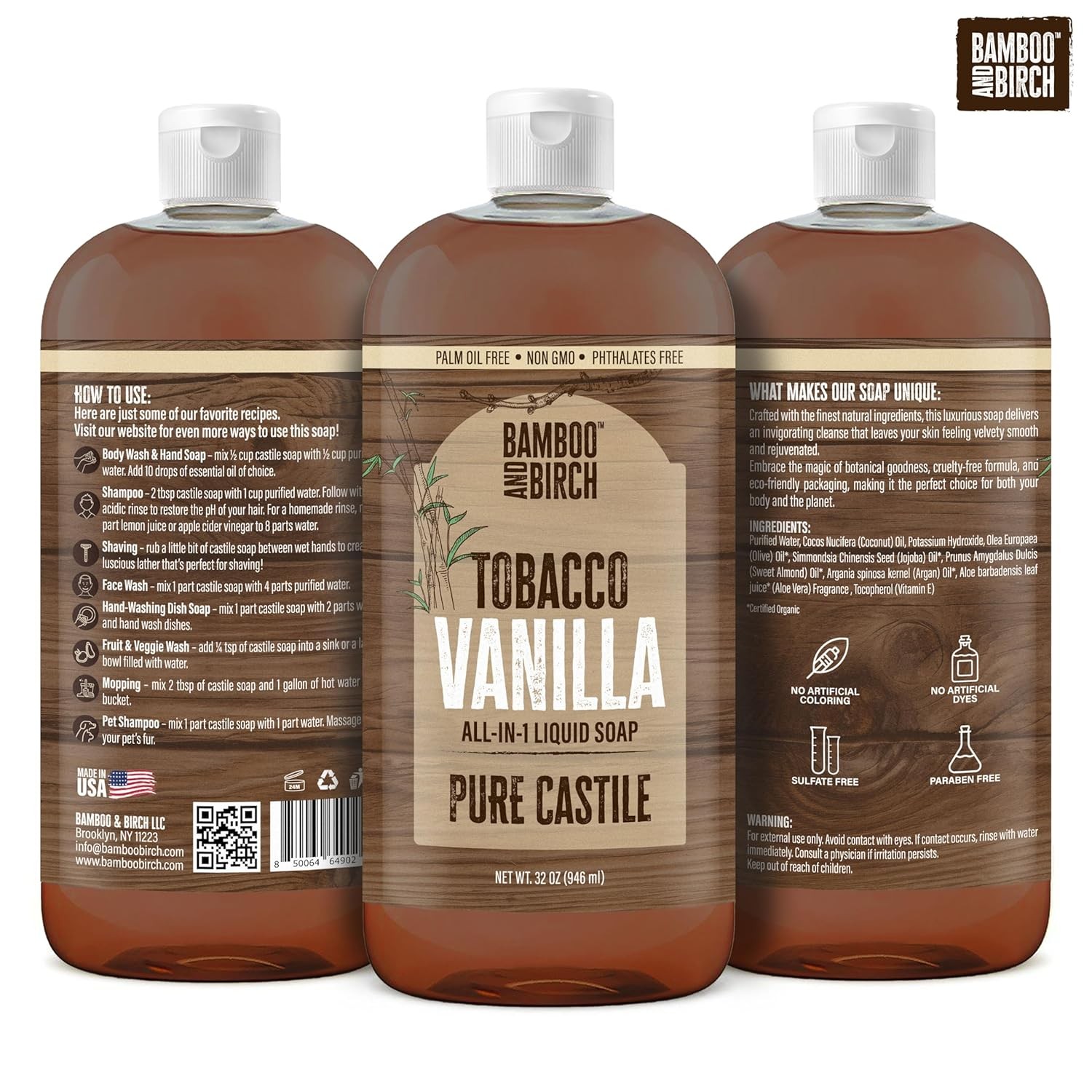 BAMBOO AND BIRCH Pure Castile Soap Liquid, Certified Palm Oil Free Natural Soap,