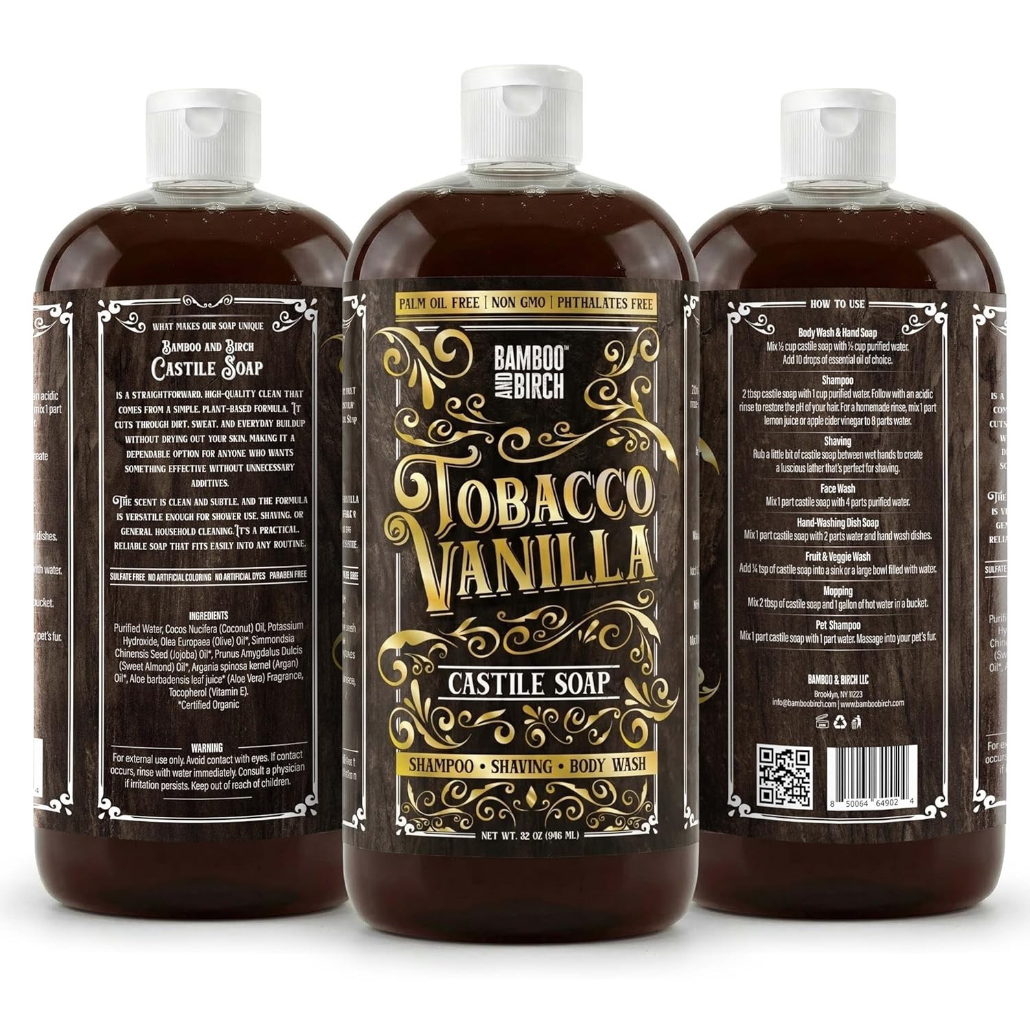 Castile Soap Liquid Tobacco Vanilla Natural Body Wash for Men, Palm Oil Free,…