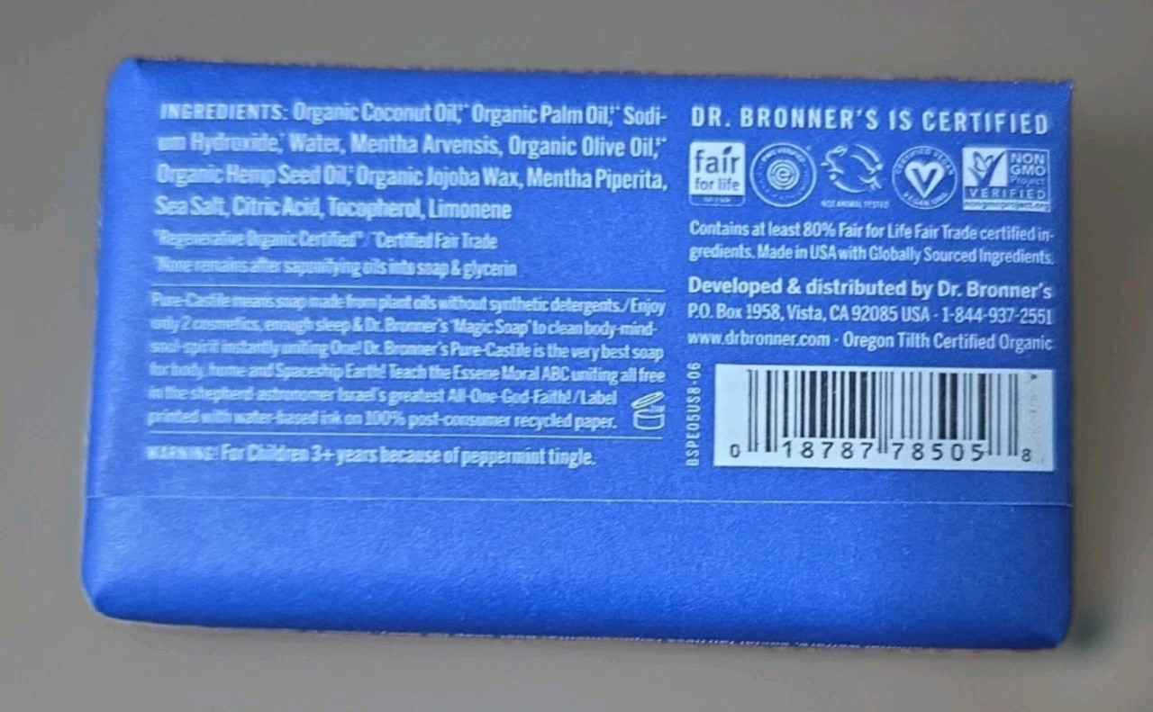 Dr. Bronner’s Peppermint Magic Bar Soap 4 Pack Pure Castile Organic 5oz Bars New