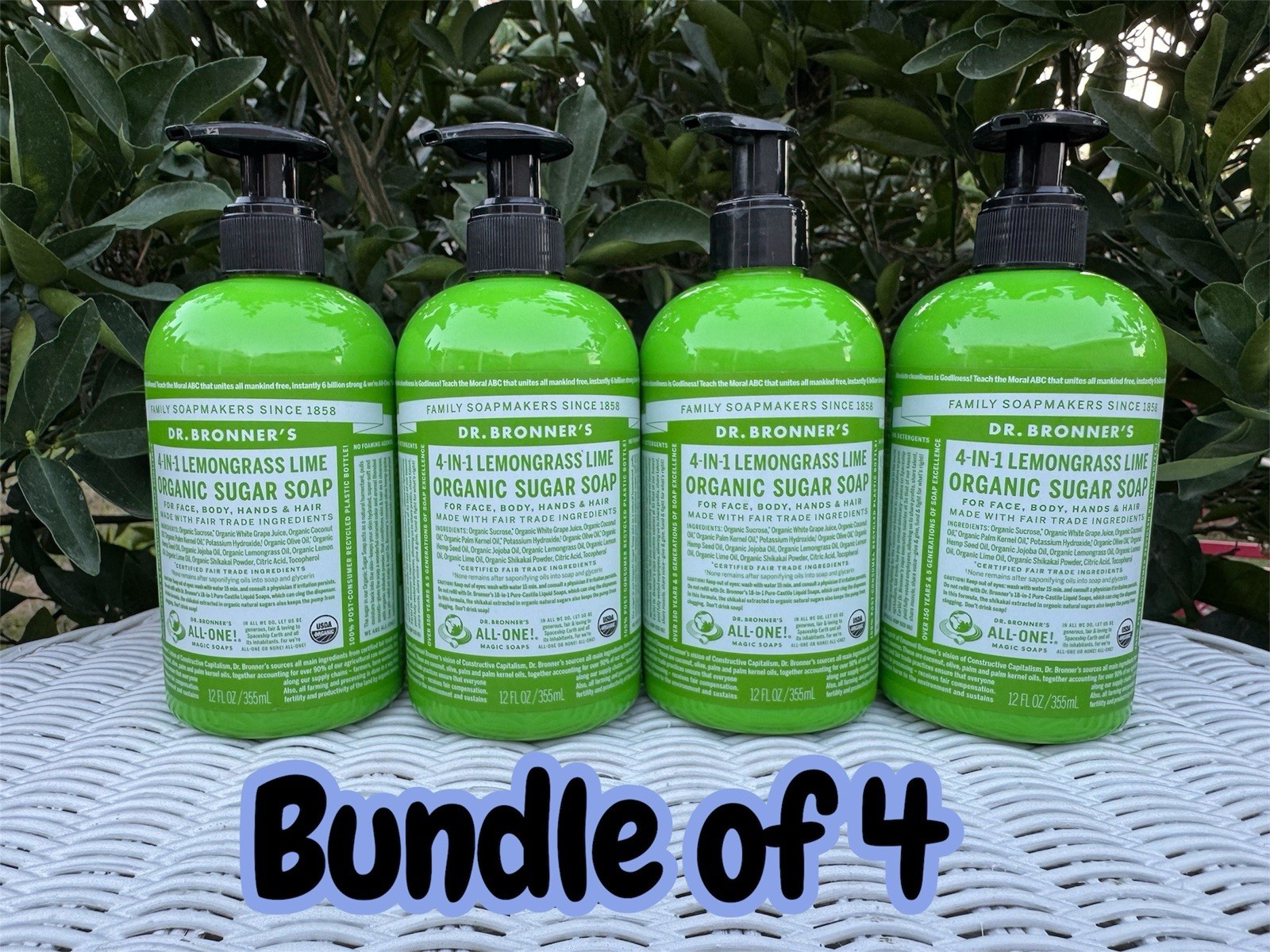 BUNDLE 4 Dr Bronners 4-in-One Lemongrass Lime Organic Sugar Soap with Pump 12 oz