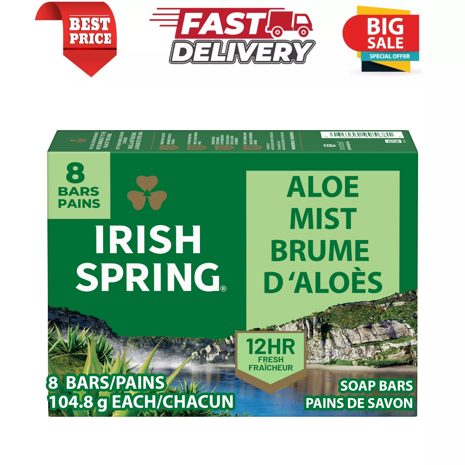 (8 Pack) Irish Spring Aloe Mist Deodorant Bar Soap for Men 12H Fresh, 3.7 oz Bar