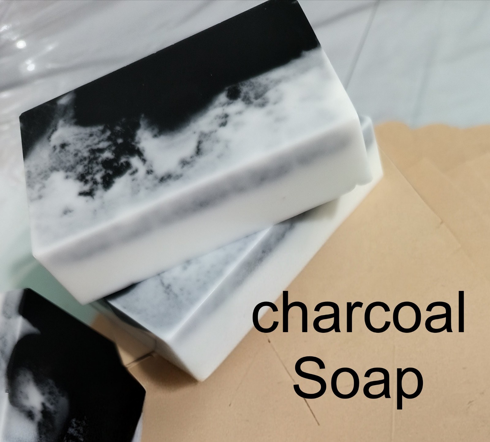 Homemade Charcoal Black and White Rectangular Body Bar Soap for Oily Skin
