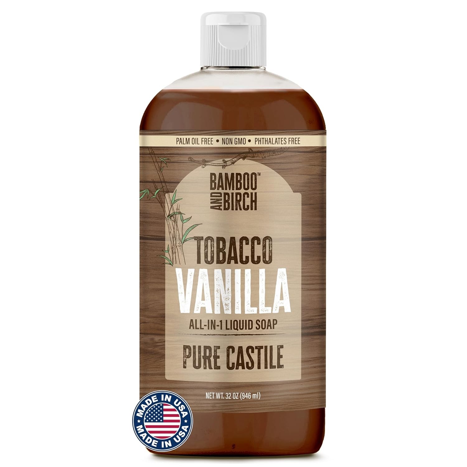 BAMBOO AND BIRCH Pure Castile Soap Liquid, Certified Palm Oil Free Natural Soap,