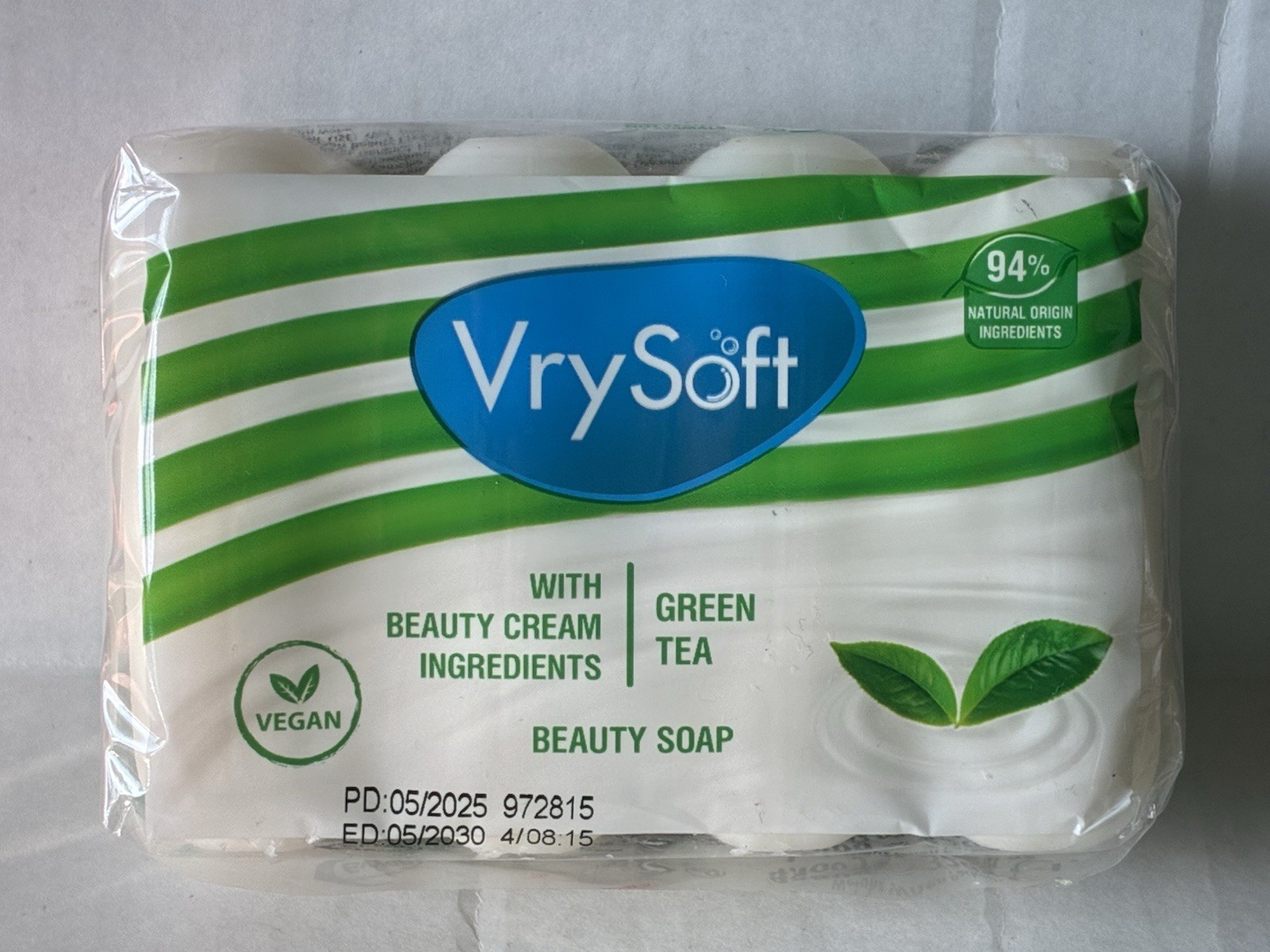 Vry Soft NIP Green Tea Vegan Beauty Soap 2.82 oz Bars Pkg Of 4 Bars 94% Natural