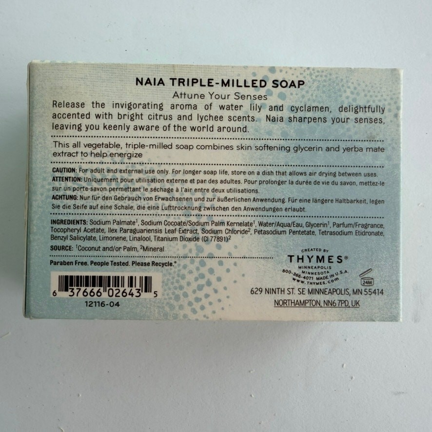 Thymes Naia Milled Bar Soap Water Lily Cyclamen NEW Discontinued 225g/8oz RARE