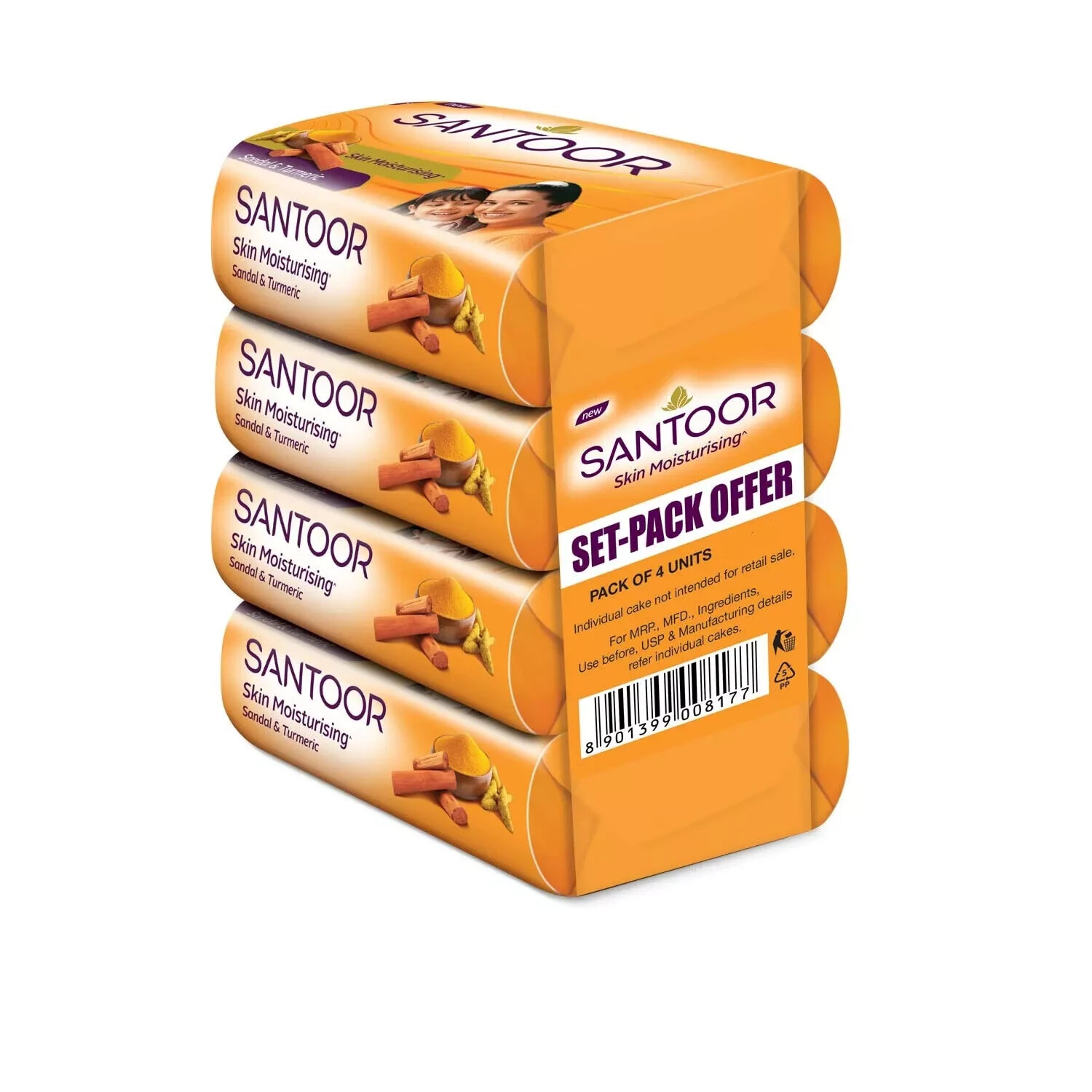 Santoor Sandal & Turmeric Soap (4 x 100g) Moisturizing & Skin Brightening Bars