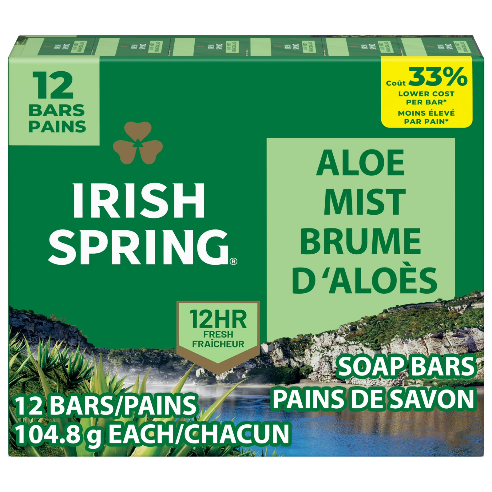 Irish Spring Bar Soap for Men, Aloe Mist Deodorant Bar Soap, 12 Pack, 3.7 Oz