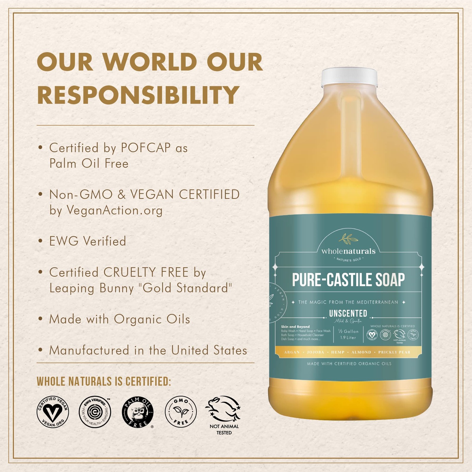 WHOLENATURALS Pure Castile Soap 64 Fl Oz Unscented Organic Vegan