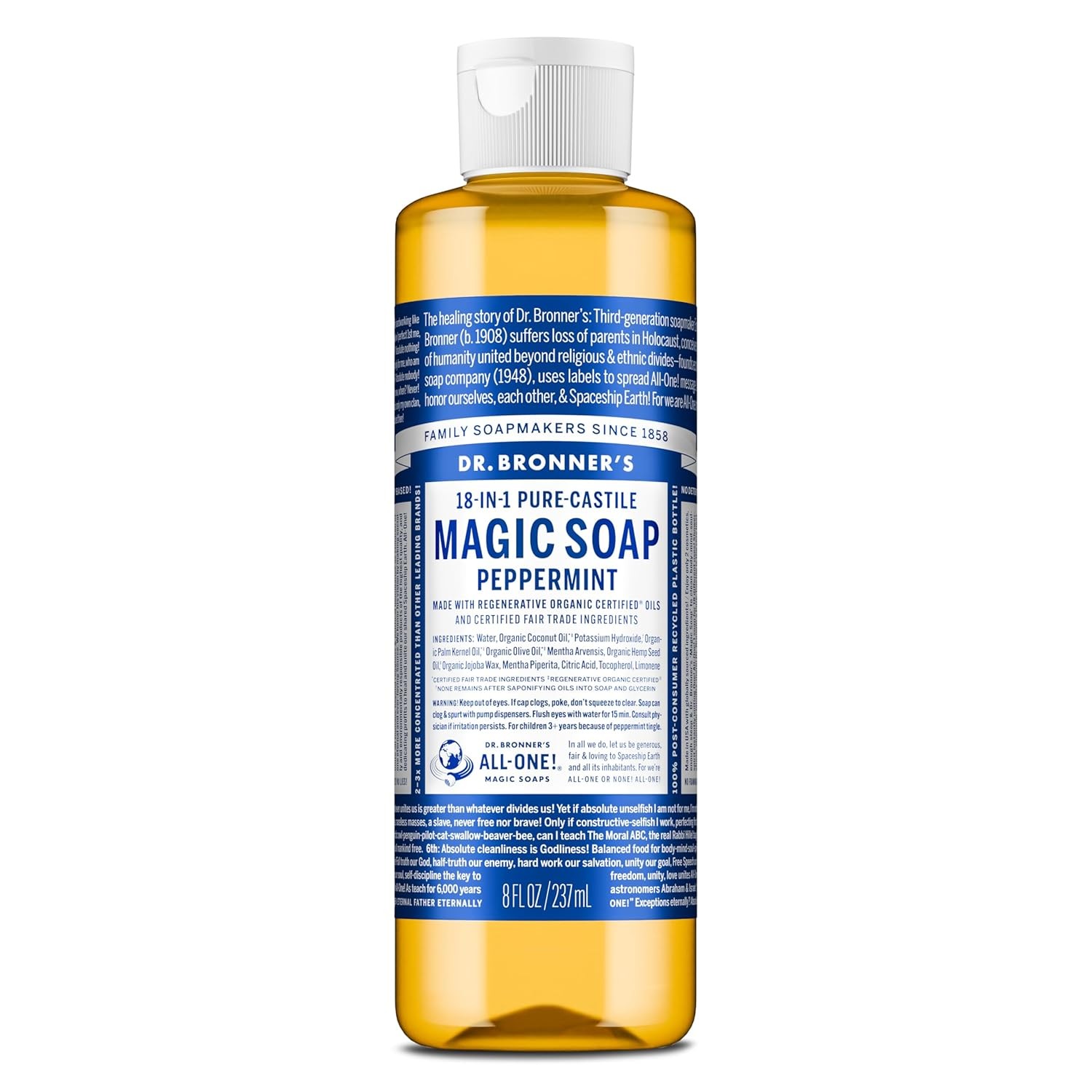 Dr Bronners Castile Soap Peppermint 8oz 18 in 1 Organic Liquid Soap
