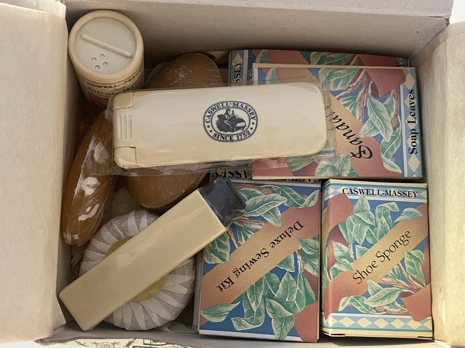 Caswell Massey hotel amenities Travel Gift Set Vintage 3 Soaps Sewing Shoe Kit