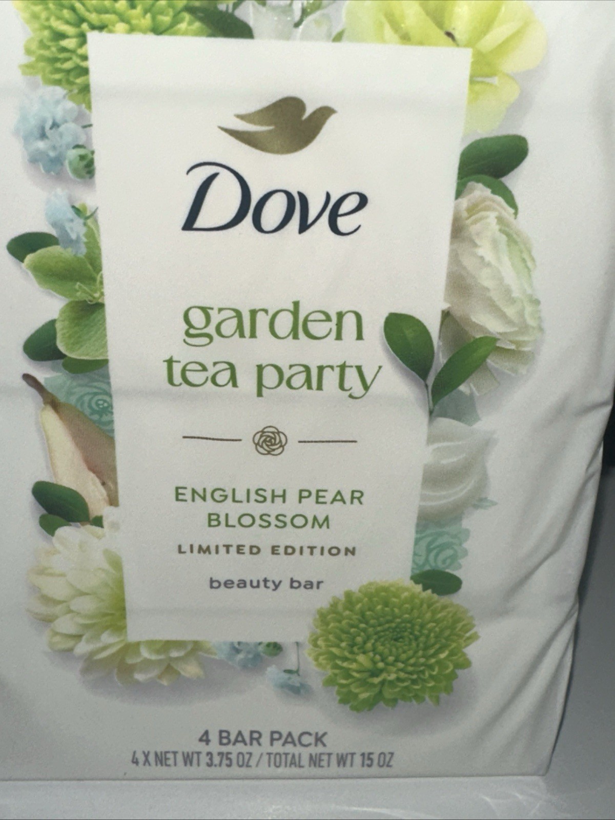 DOVE–8 BARS GARDEN TEA PARTY English Pear Blossom LTD ED- EACH 3.75oz Bar Soap
