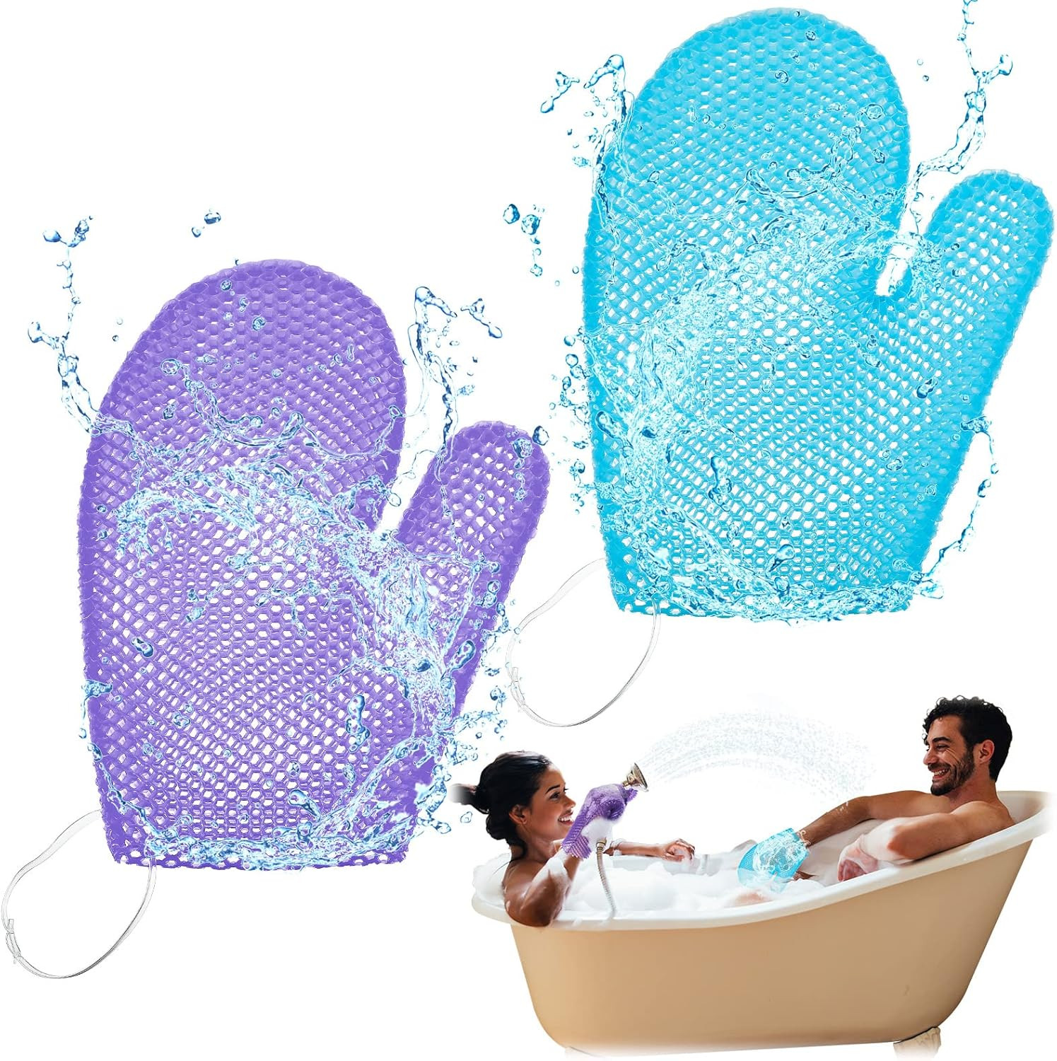 2 Pcs Honeycomb Exfoliating Glove Bath Mitt Body Spa Scrubber, Blue,purple