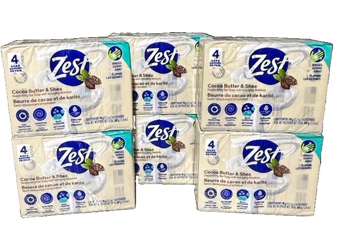 Lot Of 6 Zest Cocoa Butter & Shea Bar Soap, for All Skin Types 24 Bars Total