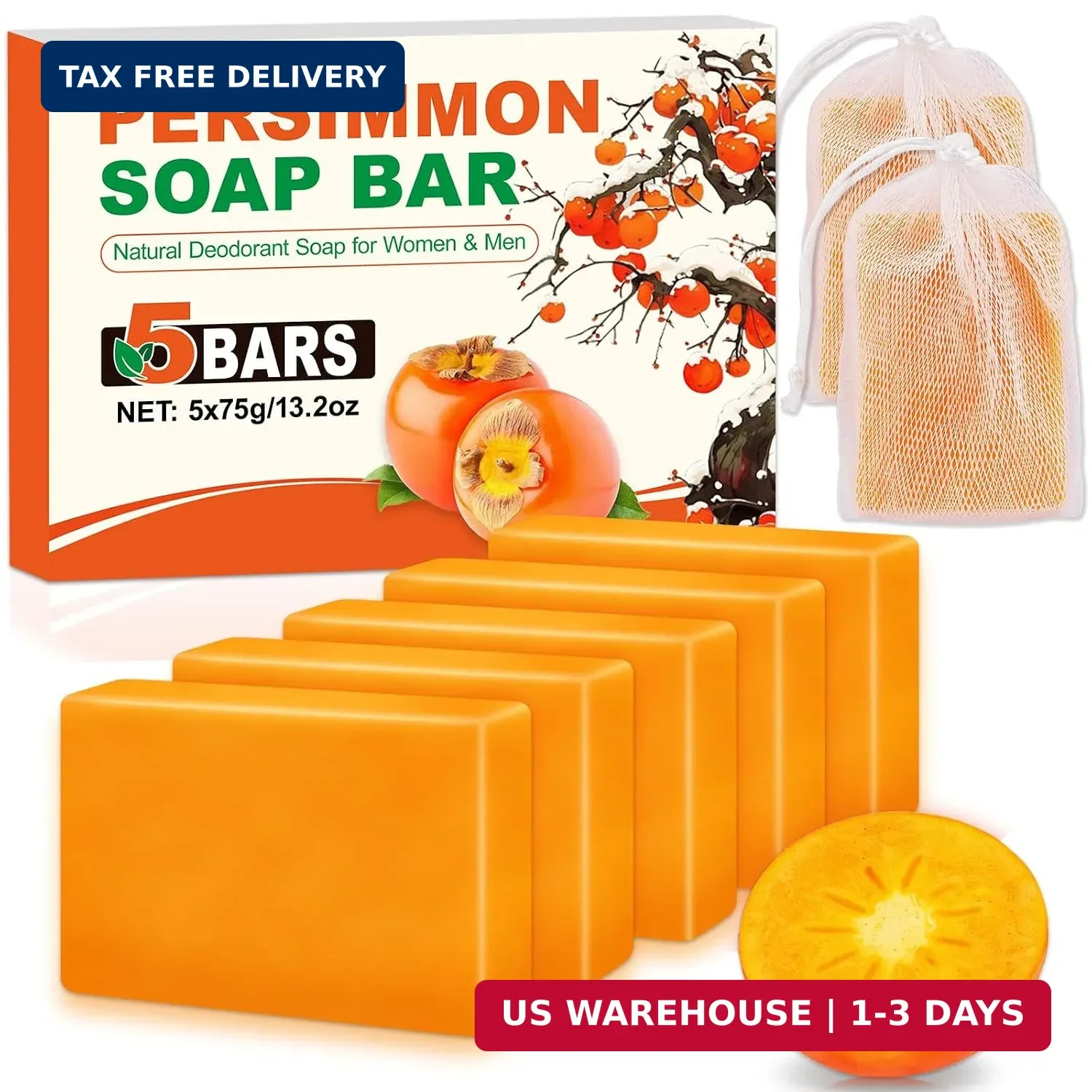 5 Pack Persimmon Soap Bar Body Odor Control Natural Deodorant for Men & Women
