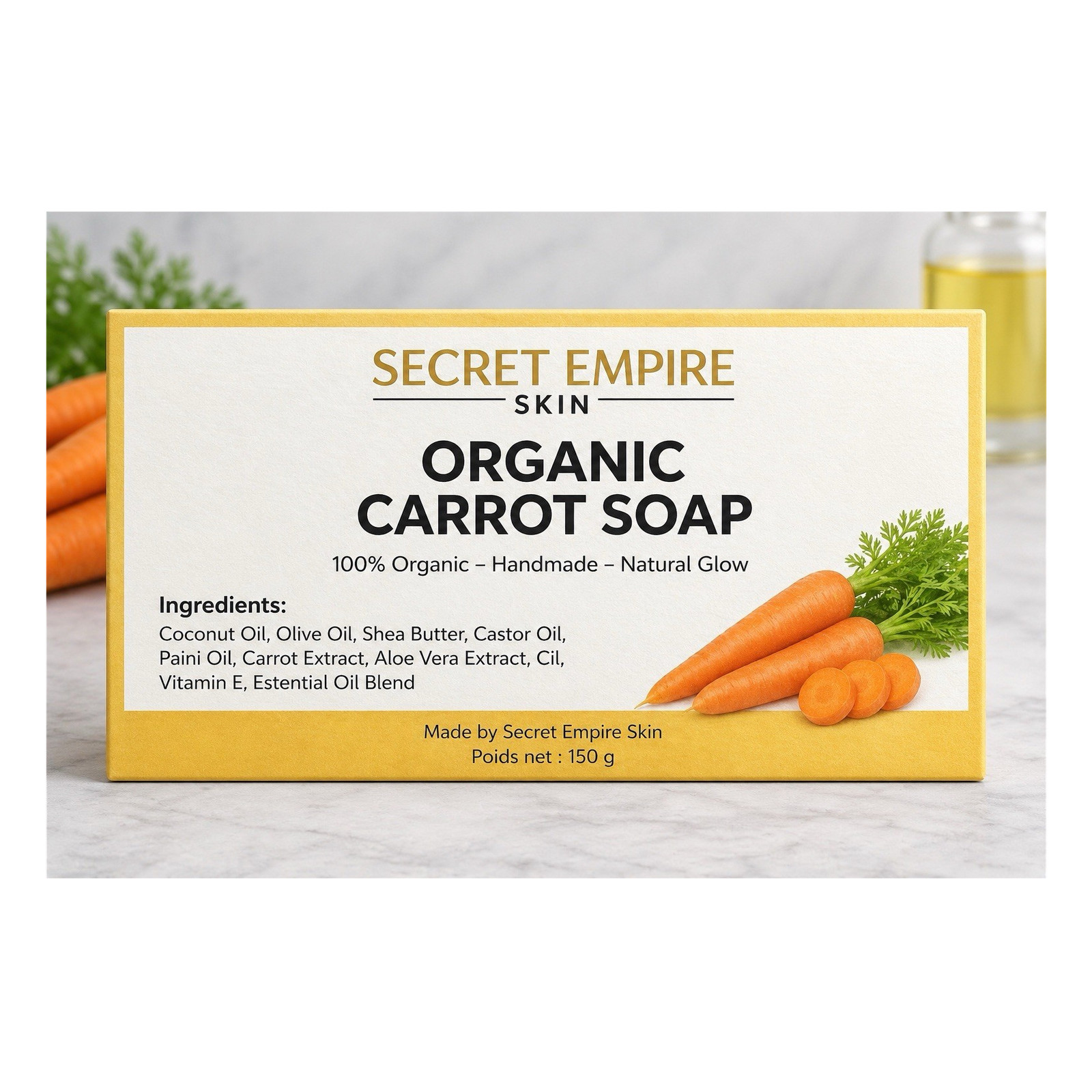 Secret Empire Skin Organic Handmade Carrot Soap Coconut Olive Shea 150g 3Bar