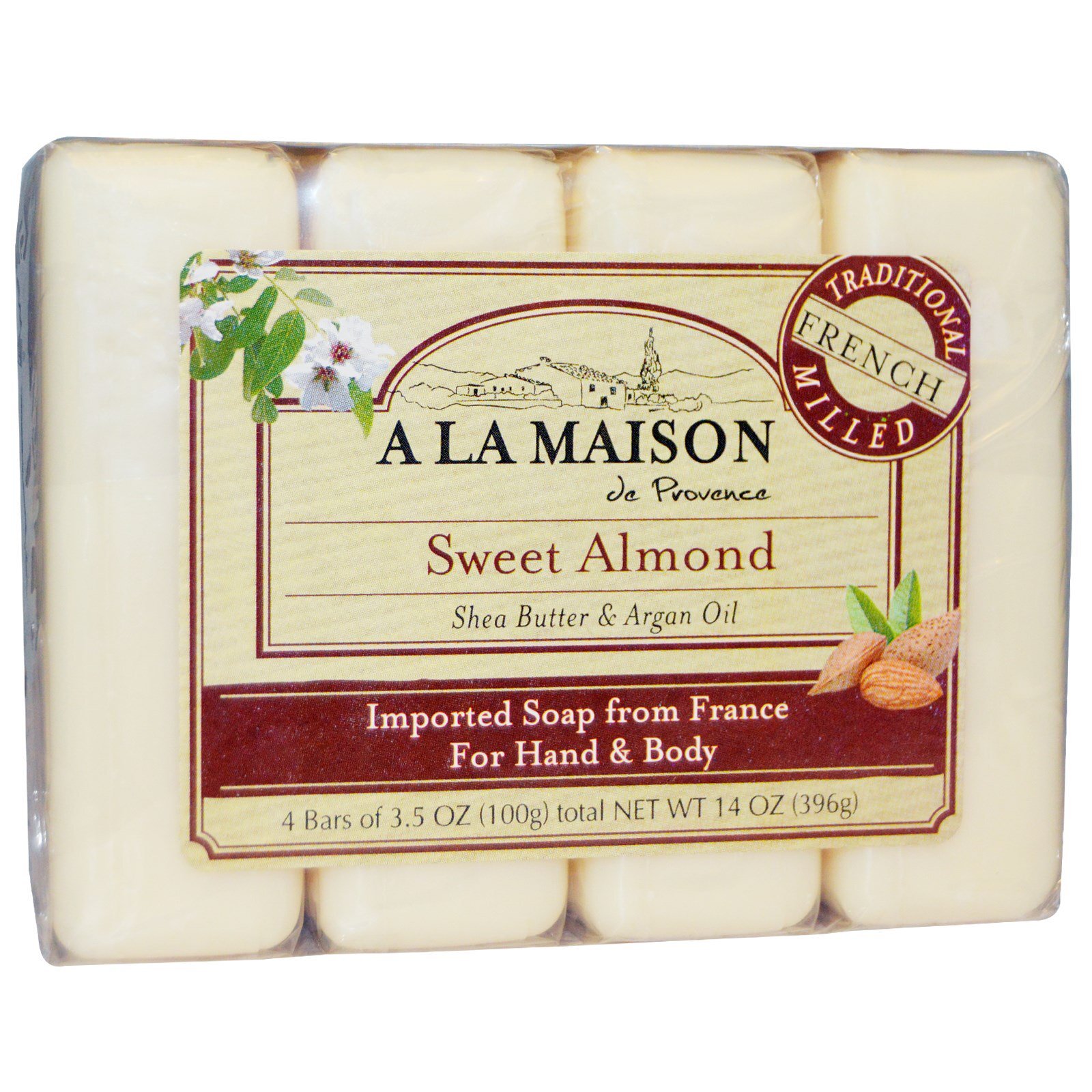 A La Maison Sweet Almond Bar Soap Hand & Body with Shea Butter & Argan Oil 4 ct