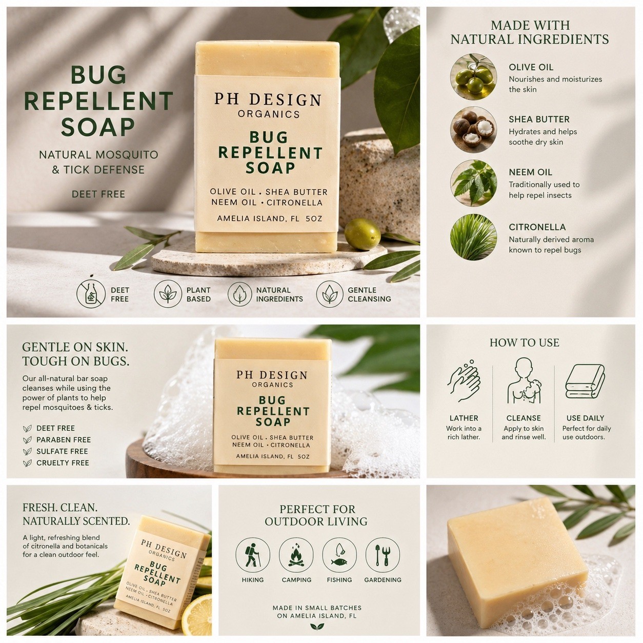 PH Design Bug Repellent Soap Natural Citronella Neem Oil Bar 5oz DEET Free