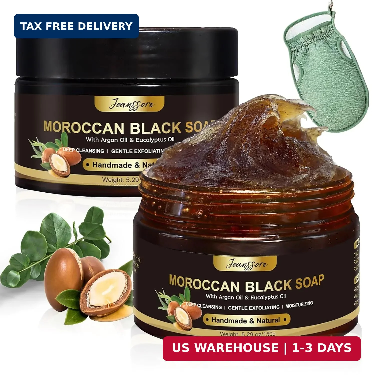 2 Pack Moroccan Black Soap Hammam, Morocco Body Scrub with Exfoliating Glove, Ex