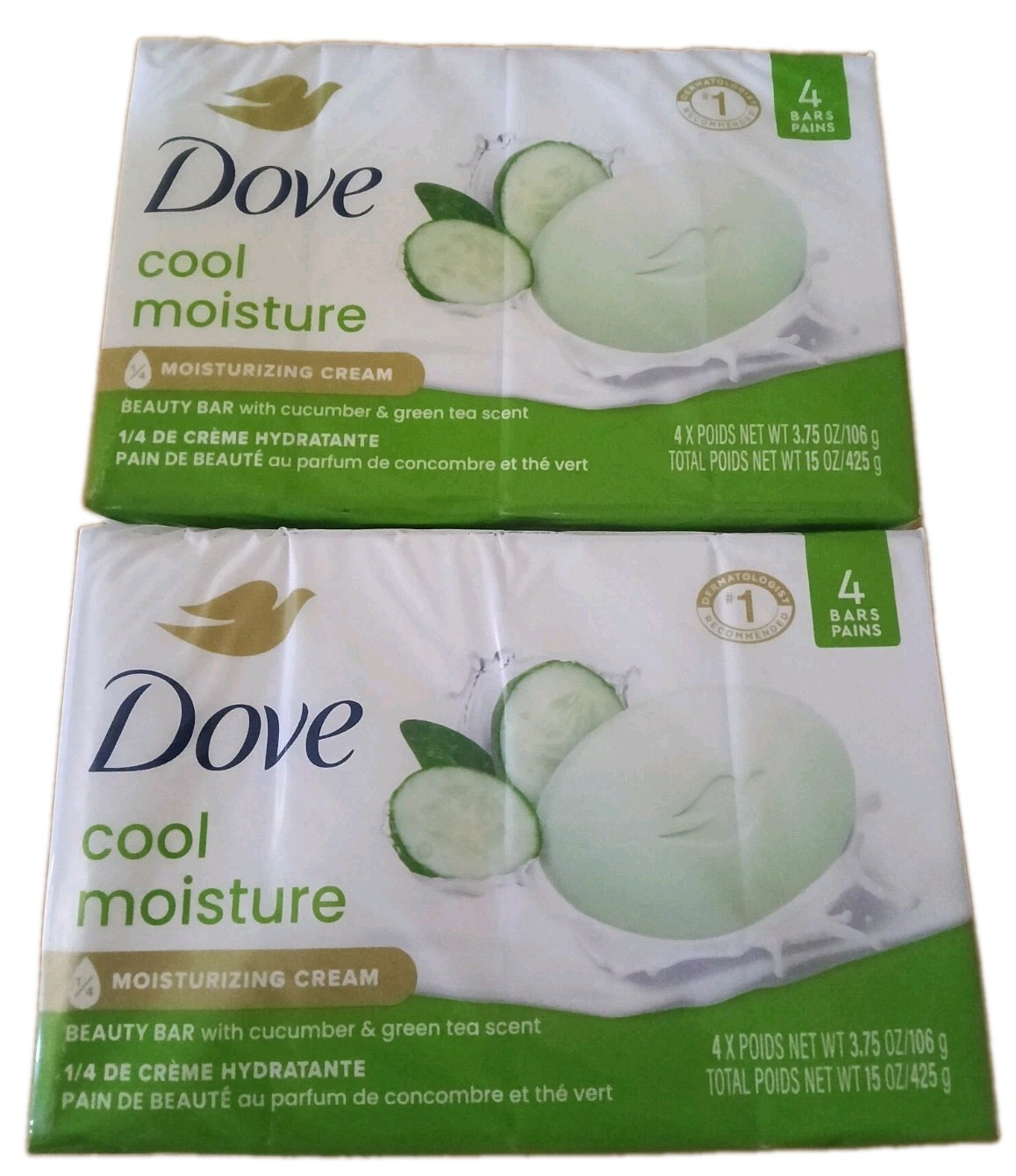 2 Dove Beauty Bar Womens Bath Soap Cool Moisture Cucumber&Green Tea 4 Bars Packs