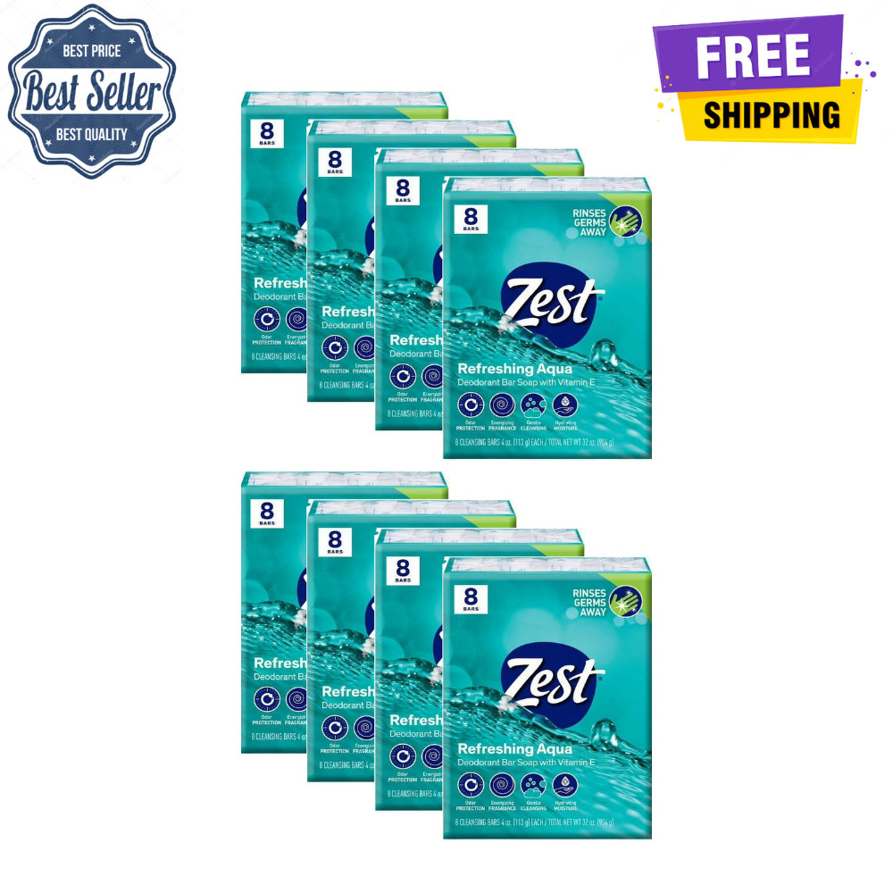Zest Deodorant Bar Soap Hydrating Moisture Aqua 4oz, 64 Bars Total, for All Skin