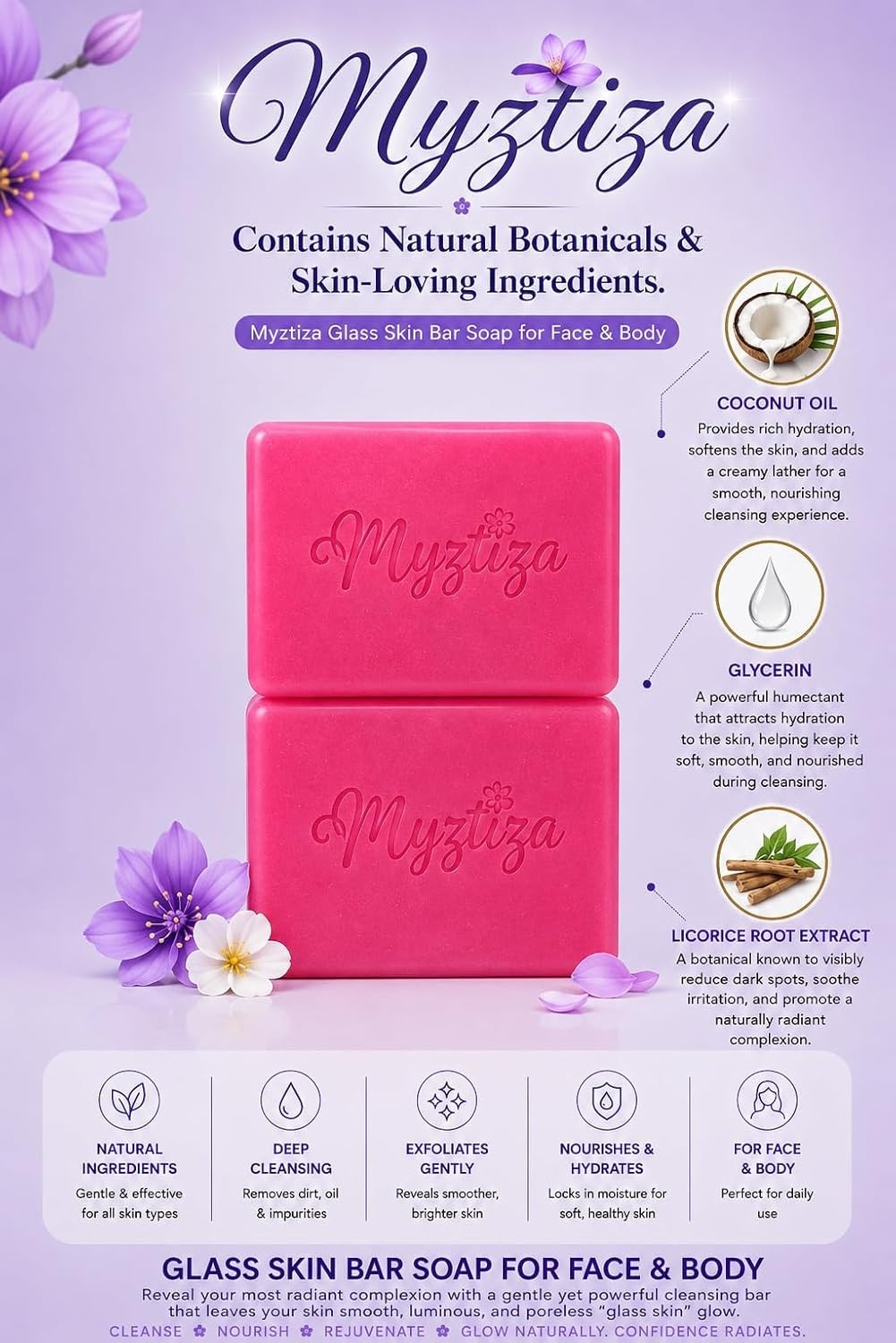 Myztiza Glass Skin Bar Soap for Face & Body – 2 Pack 135g Each