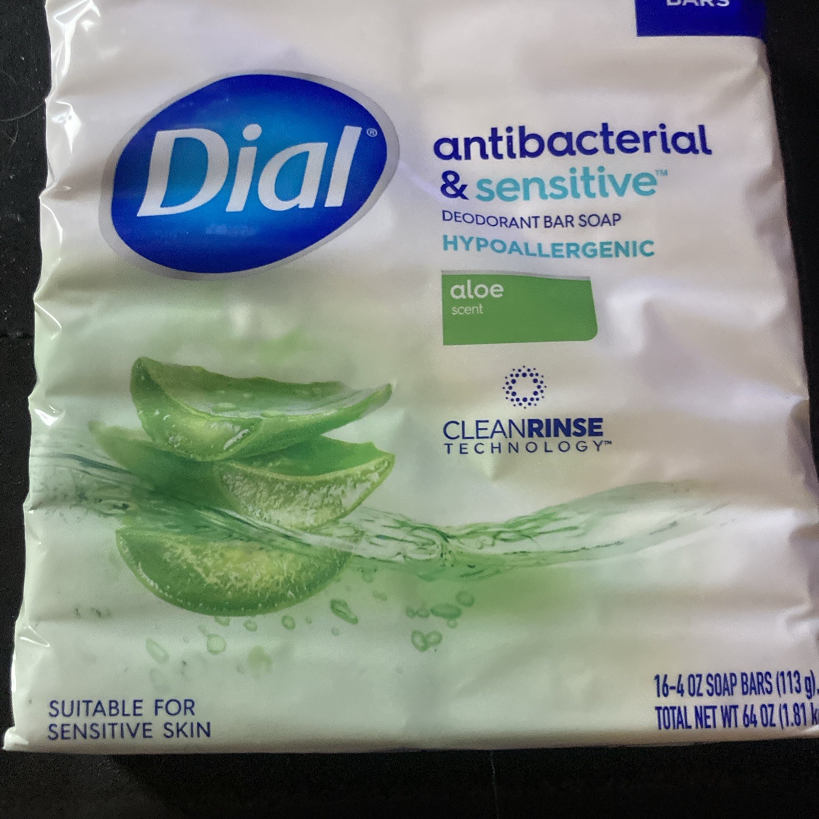 Dial Antibacterial & Sensitive Hypoallergenic Bar Soap, Aloe Scent, 4 oz., 16 ct