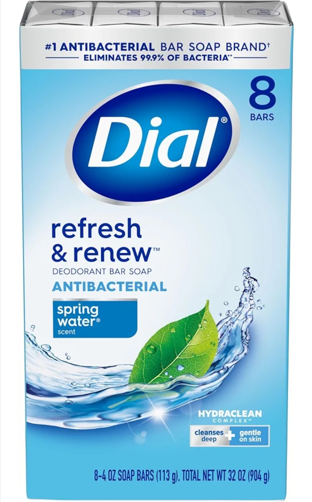 Dial Antibacterial Bar Soap, Refresh & Renew, Spring Water, 4 oz, 8 Bars