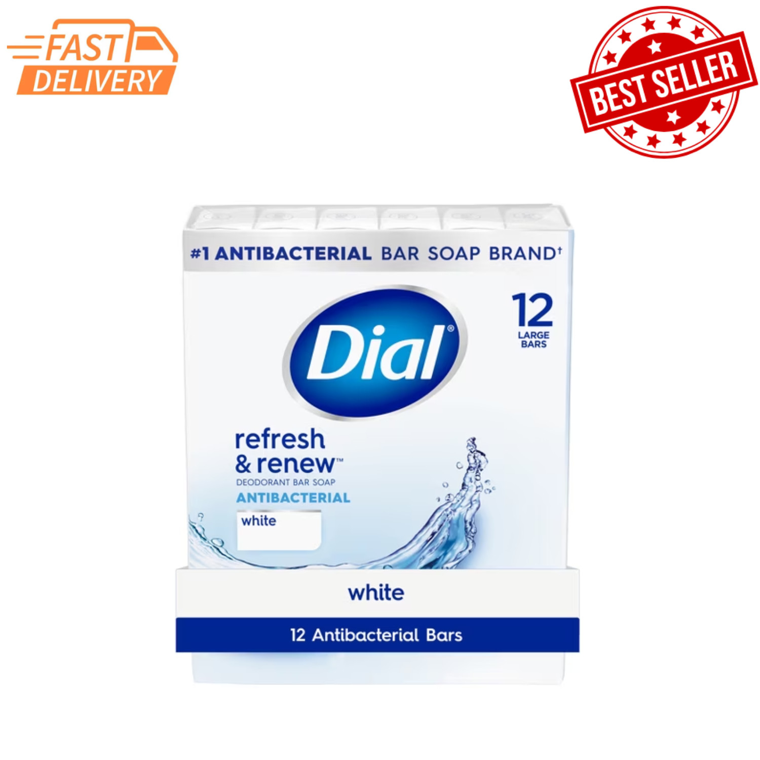 Dial Refresh & Renew White Antibacterial Deodorant Bar Soap 4 oz 12 Bars Pack