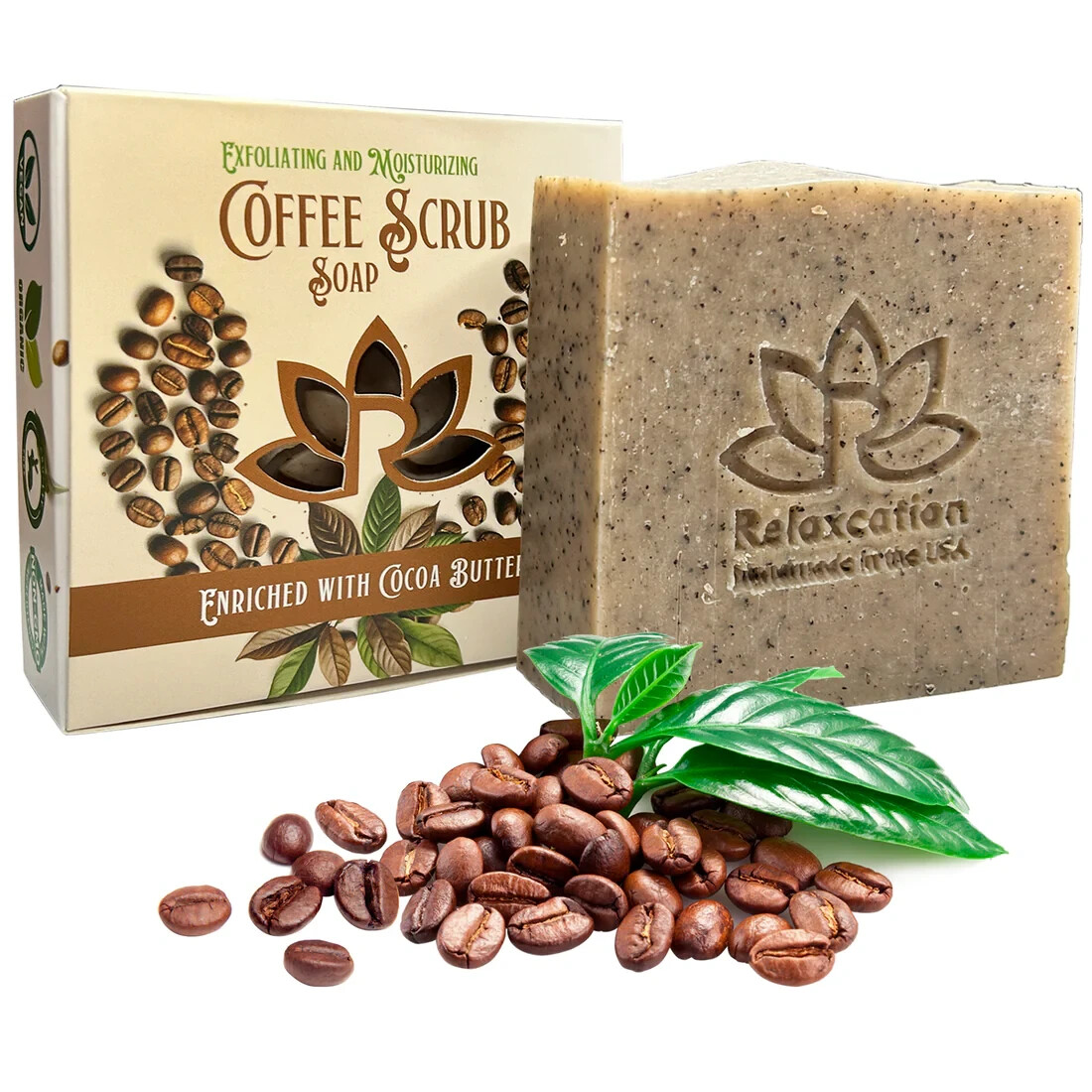 1 Vegan Cold Process Coffee Scrub Natural Soap Bar – Exfoliating, Square