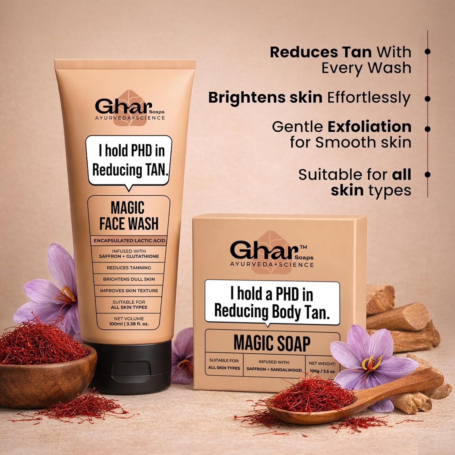 Ghar Soaps De-Tan Face Wash 120ml & Sandalwood Saffron Soap 100g Combo