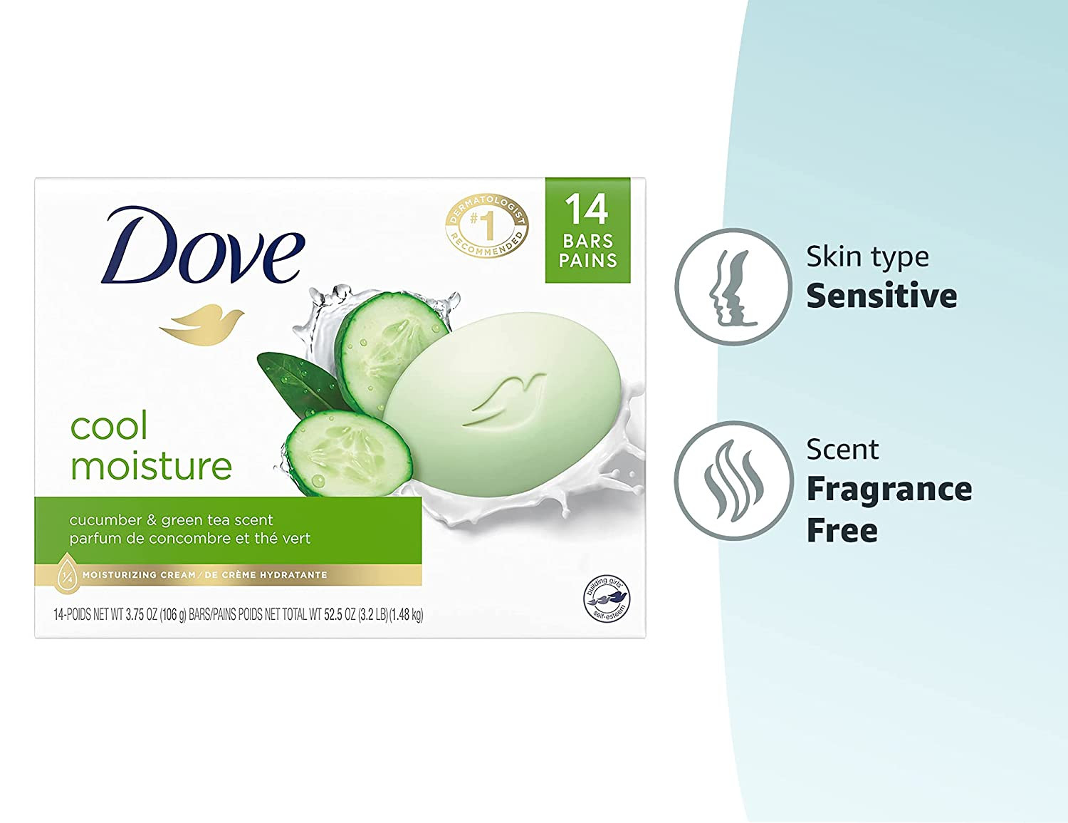 Dove Skin Care Beauty Bar for Softer Skin Cucumber and Green Tea More Moisturizi