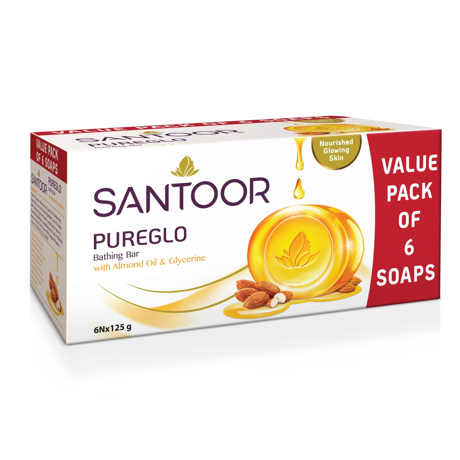 6X Santoor PureGlo Glycerine Bathing Bar Soap with Almond Oil -125g -Free Ship