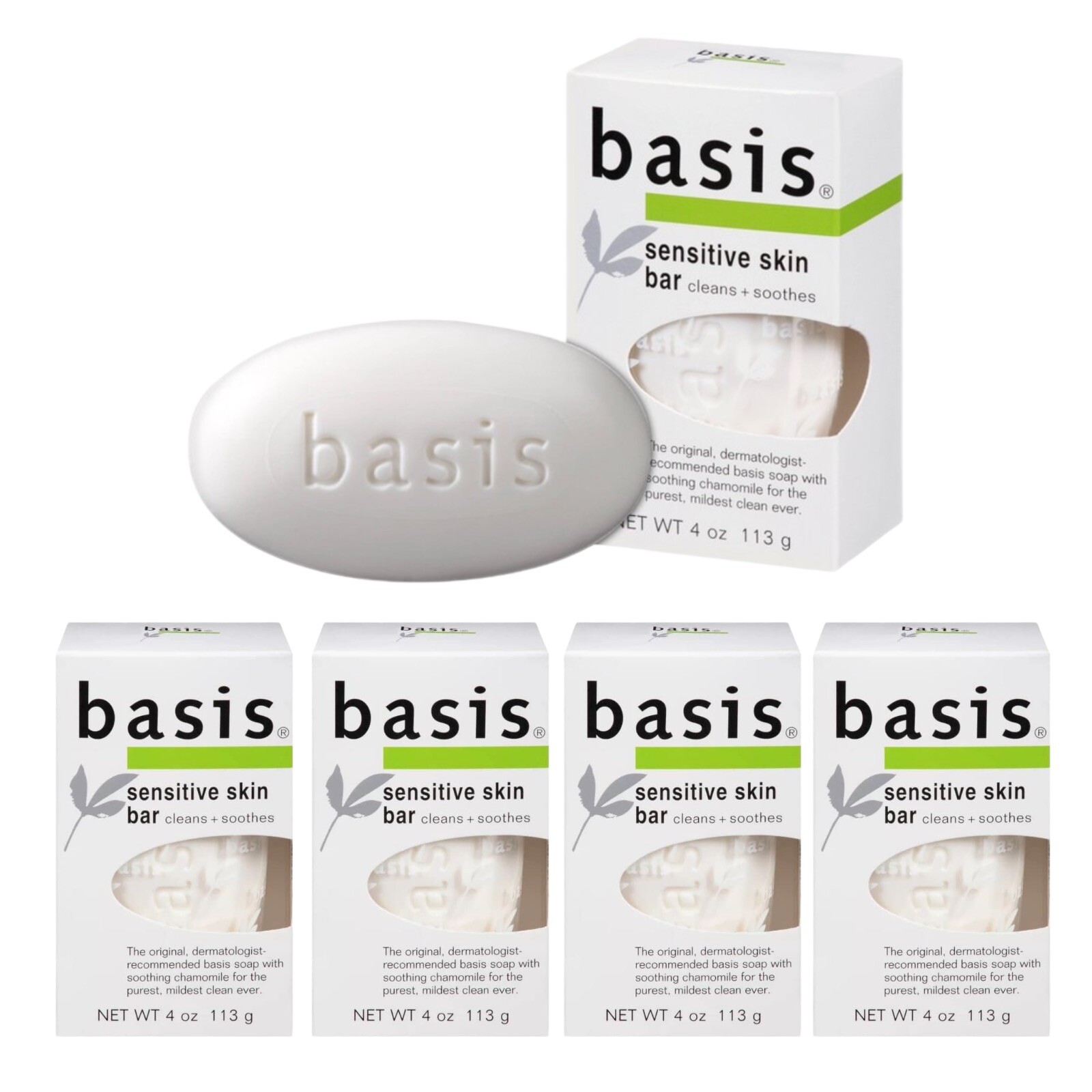4 Pk Basis Sensitive Skin Bar Soap Body Wash Cleans Soothes Chamomile Aloe 4 oz