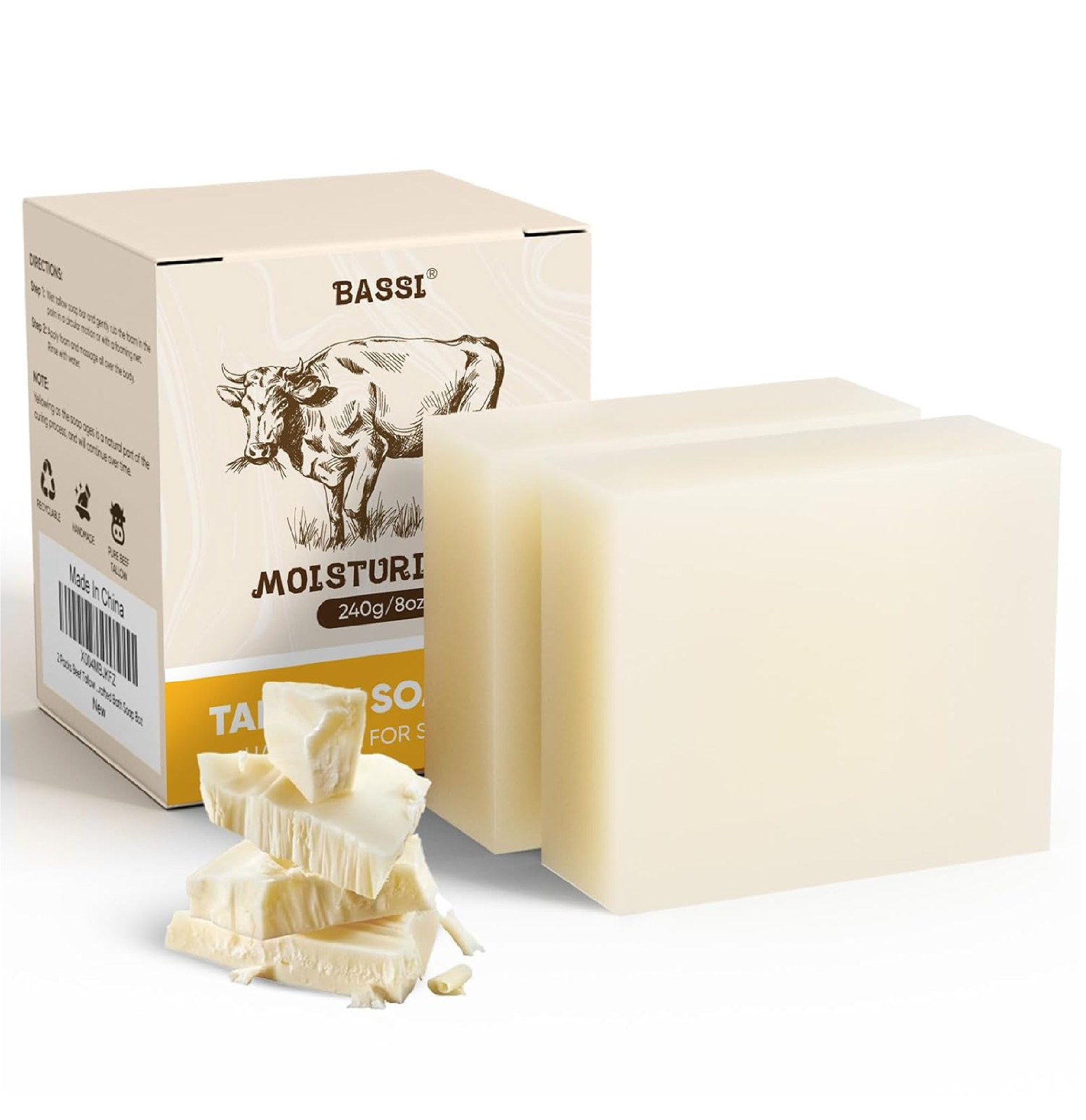 8 Oz Natural Tallow Moisturizing Bar2Bars All Beef Soap, Fed Tallow Grass Soap
